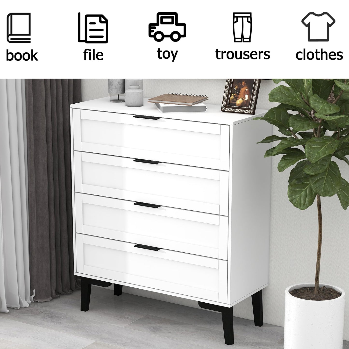 Modern White 4 Drawer Dresser for Bedroom
