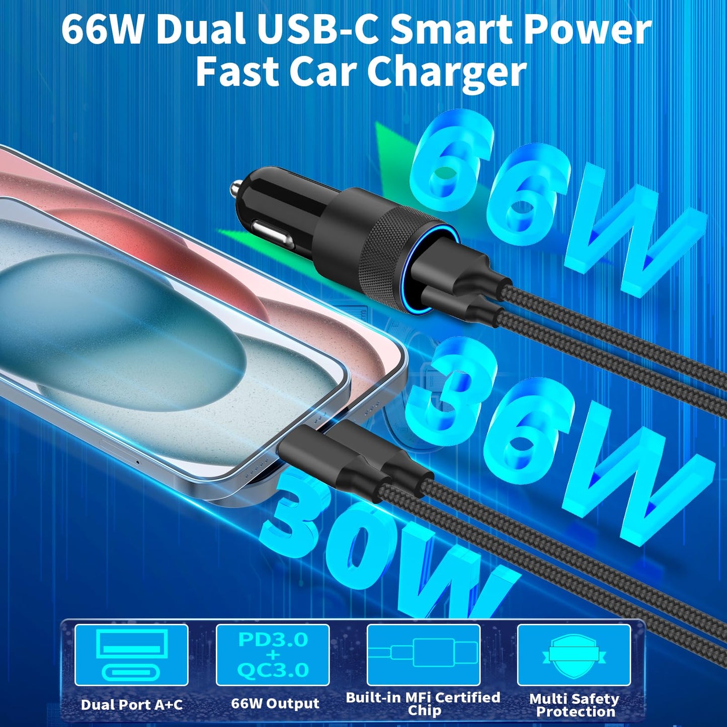 iPhone 16 Fast Car Charger with Braided Cable