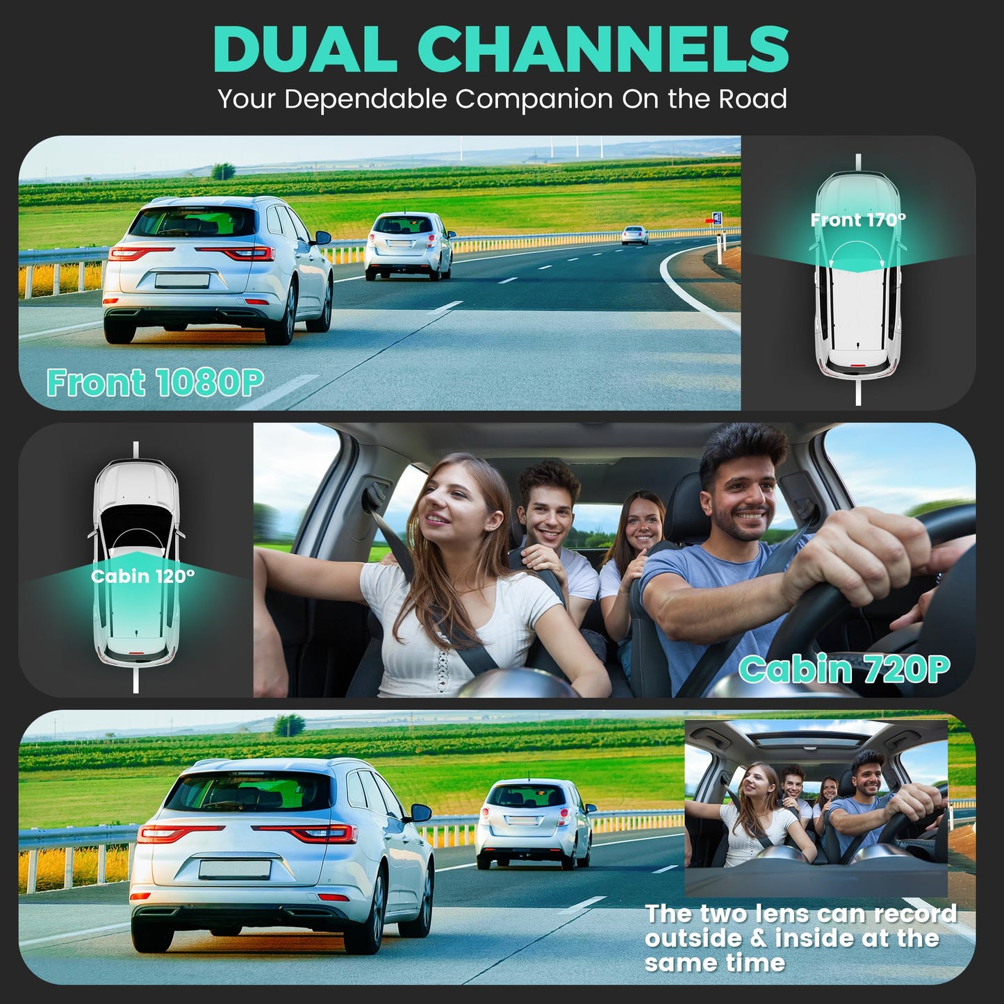 Dual Dash Camera 1440P Front + 720P Inside