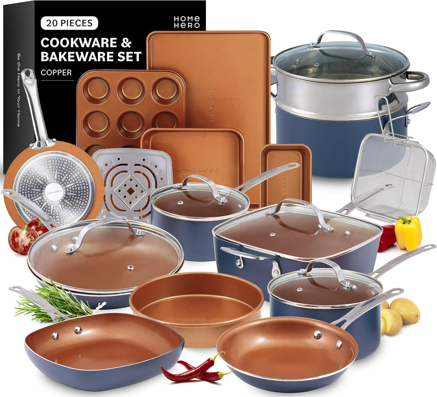 Home Hero 20-Piece Nonstick Cookware Set - Copper