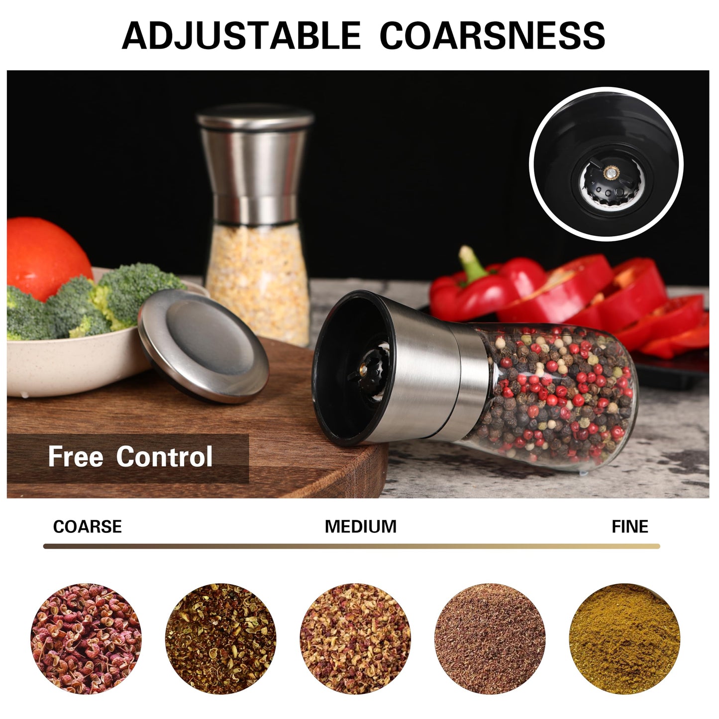 LIVITUP Salt and Pepper Grinder Set Refillable, Salt Pepper Grinder Shaker Stainless Steel Glass Pepper Mill with Adjustable Coarseness