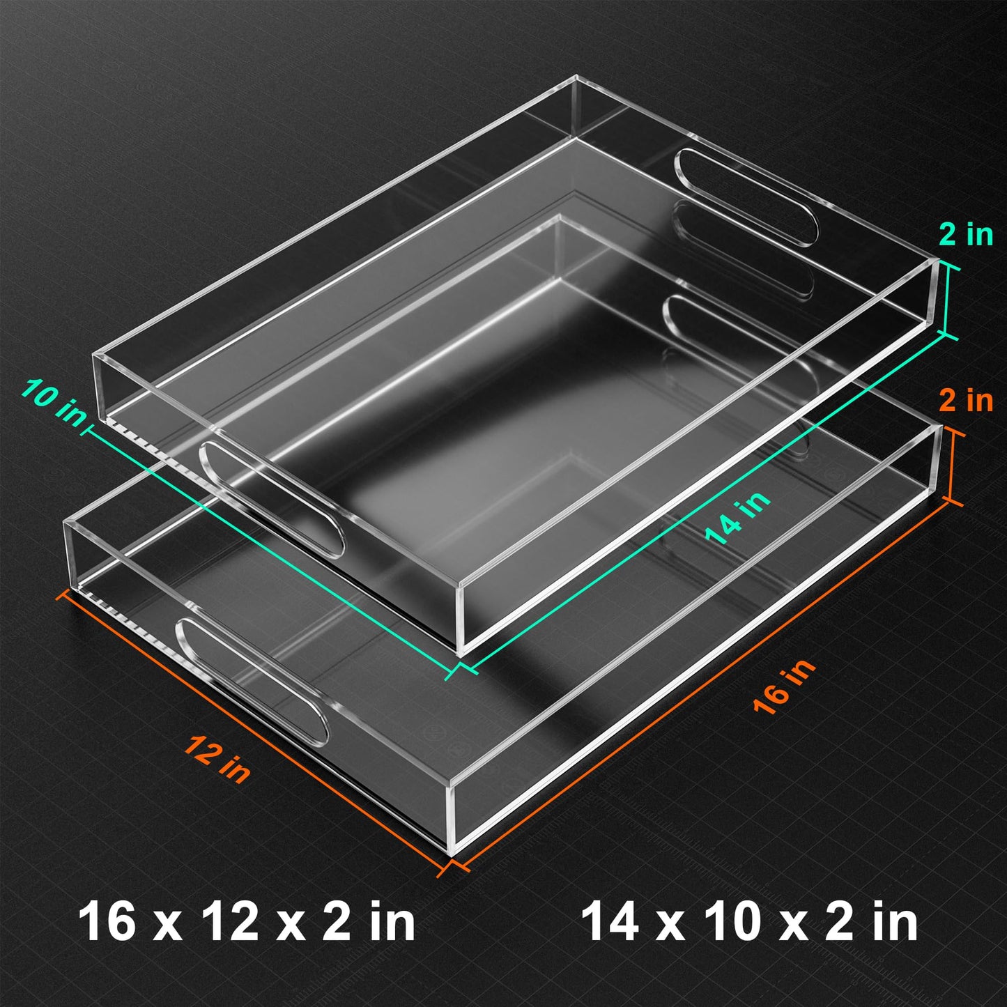 Hemsyc Serving Tray 16x12x2 Inch Serving Tray with Handles Acrylic Serving Trays Clear Decorative Serving Platter for Appetizer, Food, Breakfast in Kitchen, Coffee Table, Bed, Living Room, 2 Pack