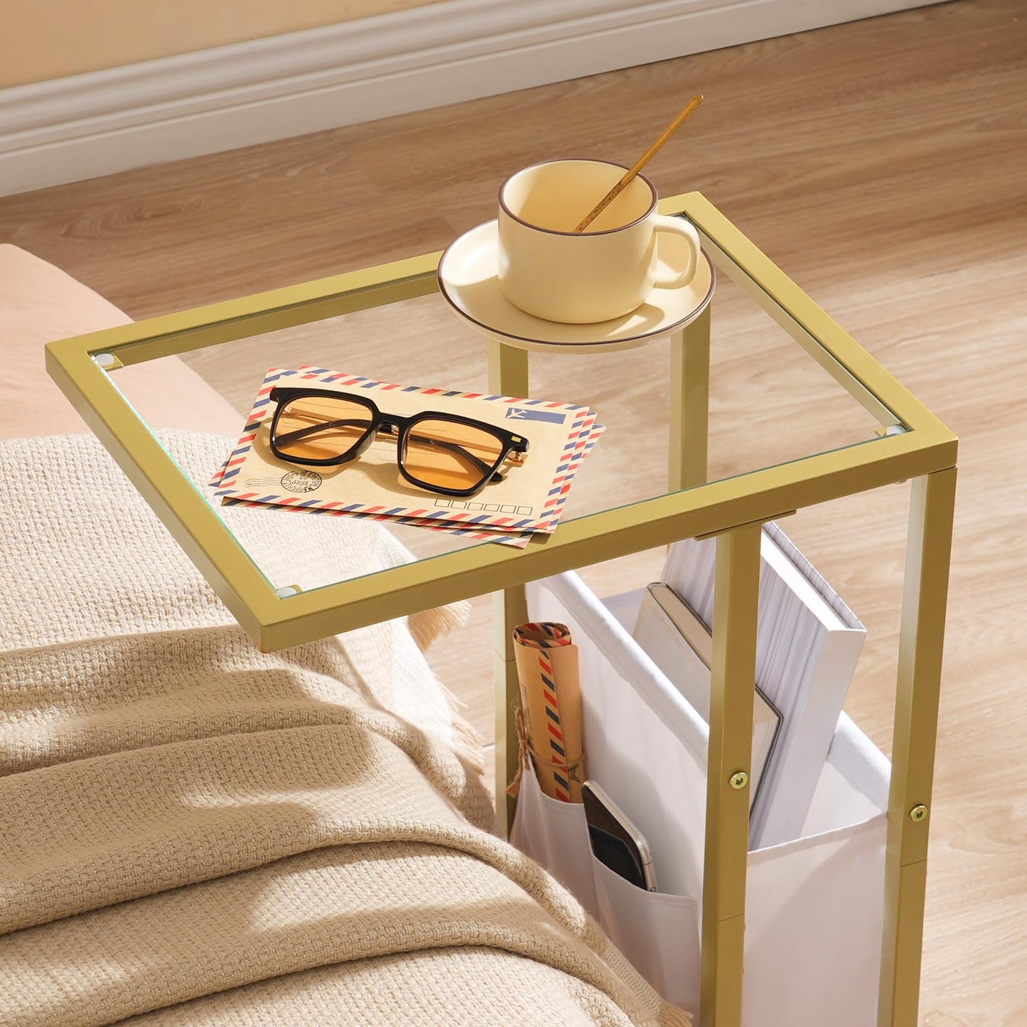 HOOBRO C Shaped Glass End Table Set of 2