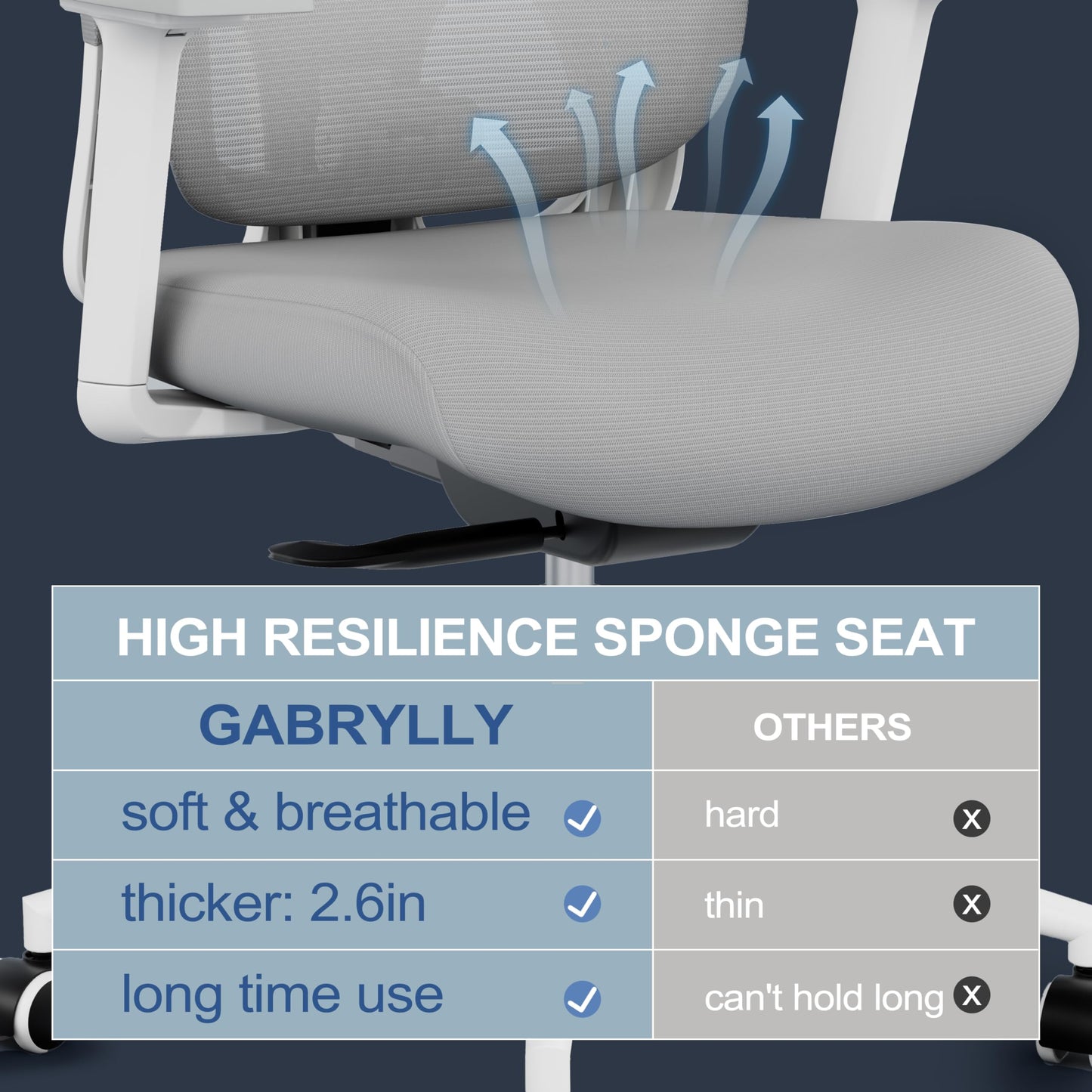 GABRYLLY Office Chair, Ergonomic Desk Chair with Adjustable Lumbar Support, 3D Armrest, Headrest, 4-Level Tilt Back, Home Mesh Chair with Wide Cushion Seat & PU Wheels for Adult Student