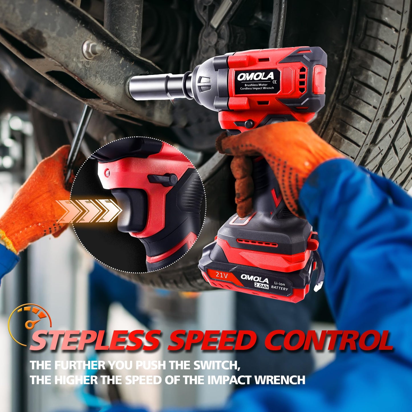 OMOLA Cordless Impact Wrench,1/2 impact gun,405 Ft-lb(550NM) High Torque 3200 RPM,with a 21V 2.0Ah Li-Ion Battery, Fast Charger,Brushless motor,4 Sockets