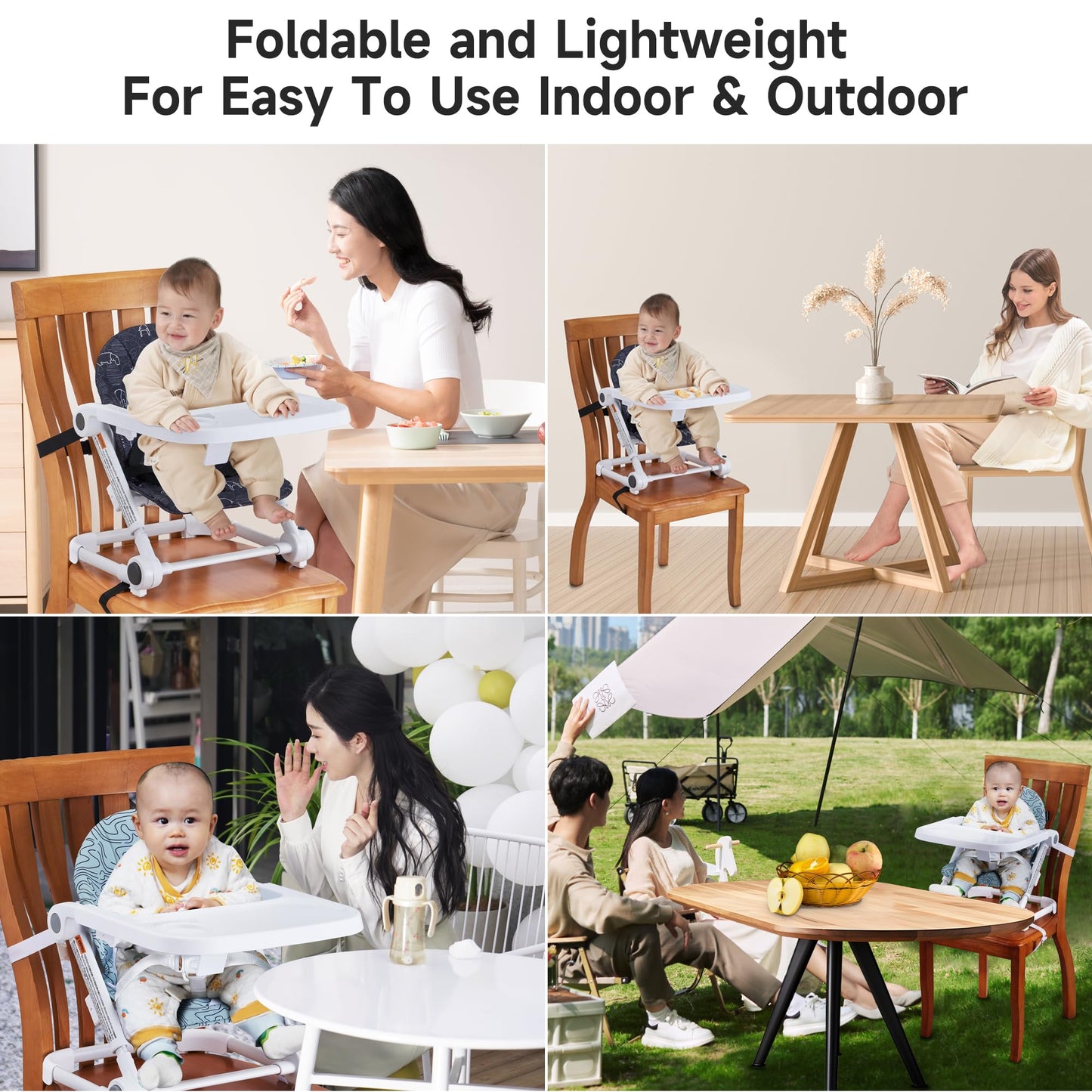 Pamo Babe Booster Seat for Dining Table, Travel Lightweight Folding 2-in-1 Feeding Seat for Baby, Adjustable Tray and Adjustable Hight (Black)