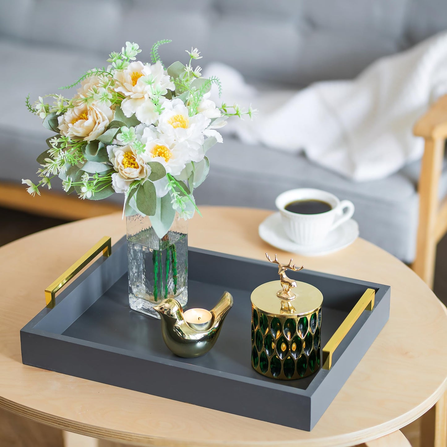 Hanobe Grey Decorative Trays for Coffee Table MDF Large Ottoman Tray for Living Room Bathroom Coffee Bar Decor Modern Tray with Gold Handles (Gray, 3)