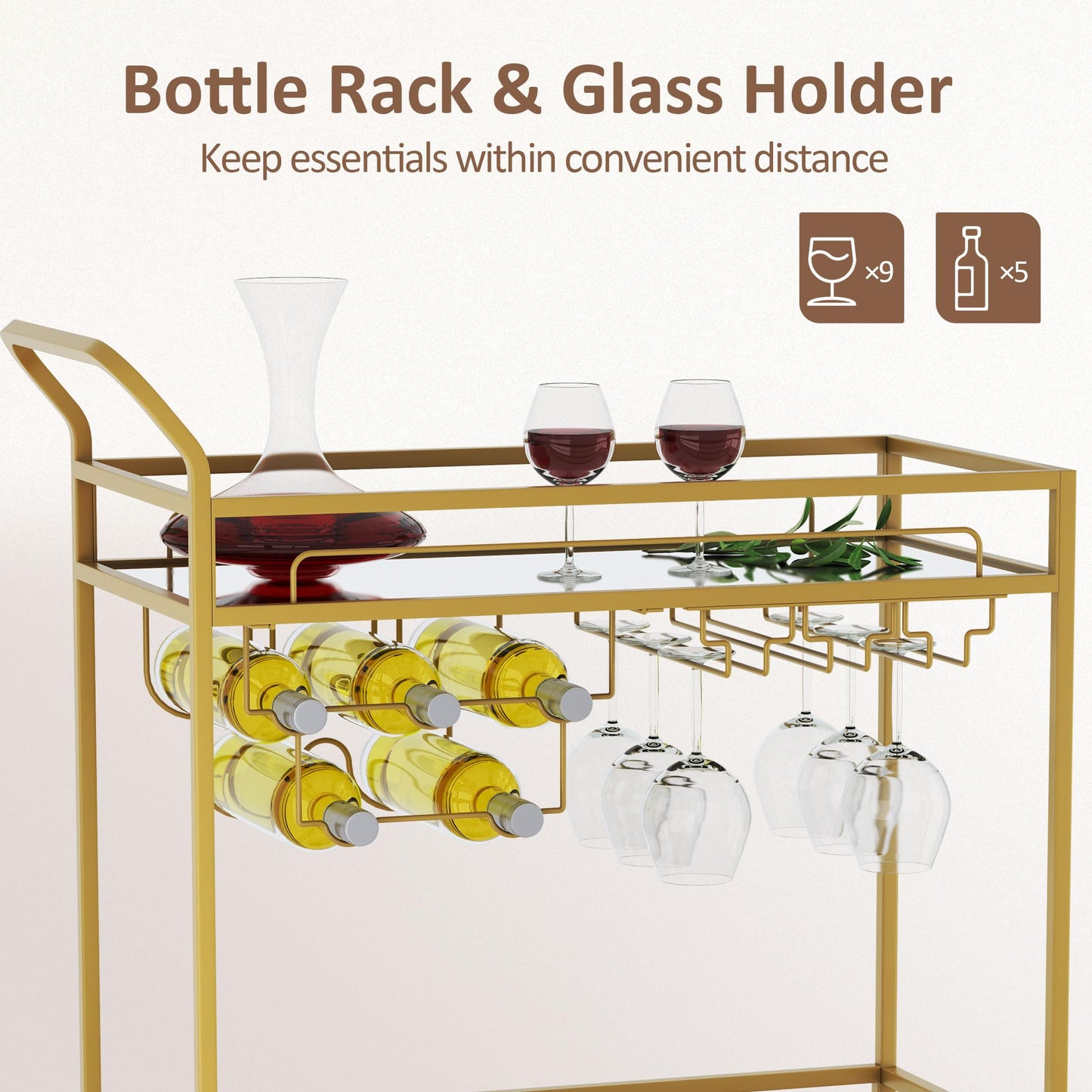 Bar Cart with Mirrored Shelves & Wine Holders