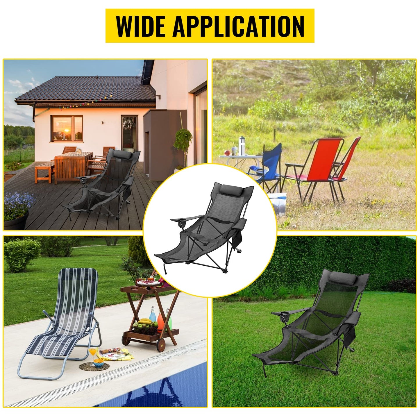 Happybuy Folding Camp Chair with Footrest Mesh, Portable Lounge Chair with Cup Holder and Storage Bag, for Camping Fishing and Other Outdoor Activities (Grey)