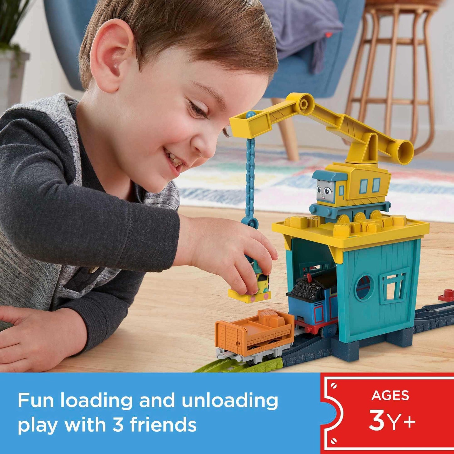 Thomas & Friends Motorized Toy Train Set Fix 'em Up Friends with Carly the Crane, Sandy the Rail Speeder & Thomas for Preschool Kids Ages 3+ Years