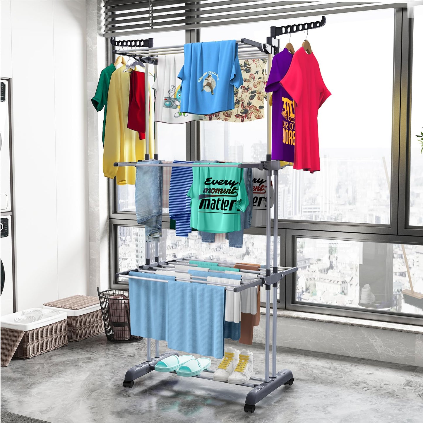 Bigzzia Clothes Drying Rack, 67.7 Inch Laundry Drying Rack with Foldable Base, 4 Tier Stainless Steel Drying Rack Clothing, Movable Laundry Rack for Indoor Outdoor-Grey