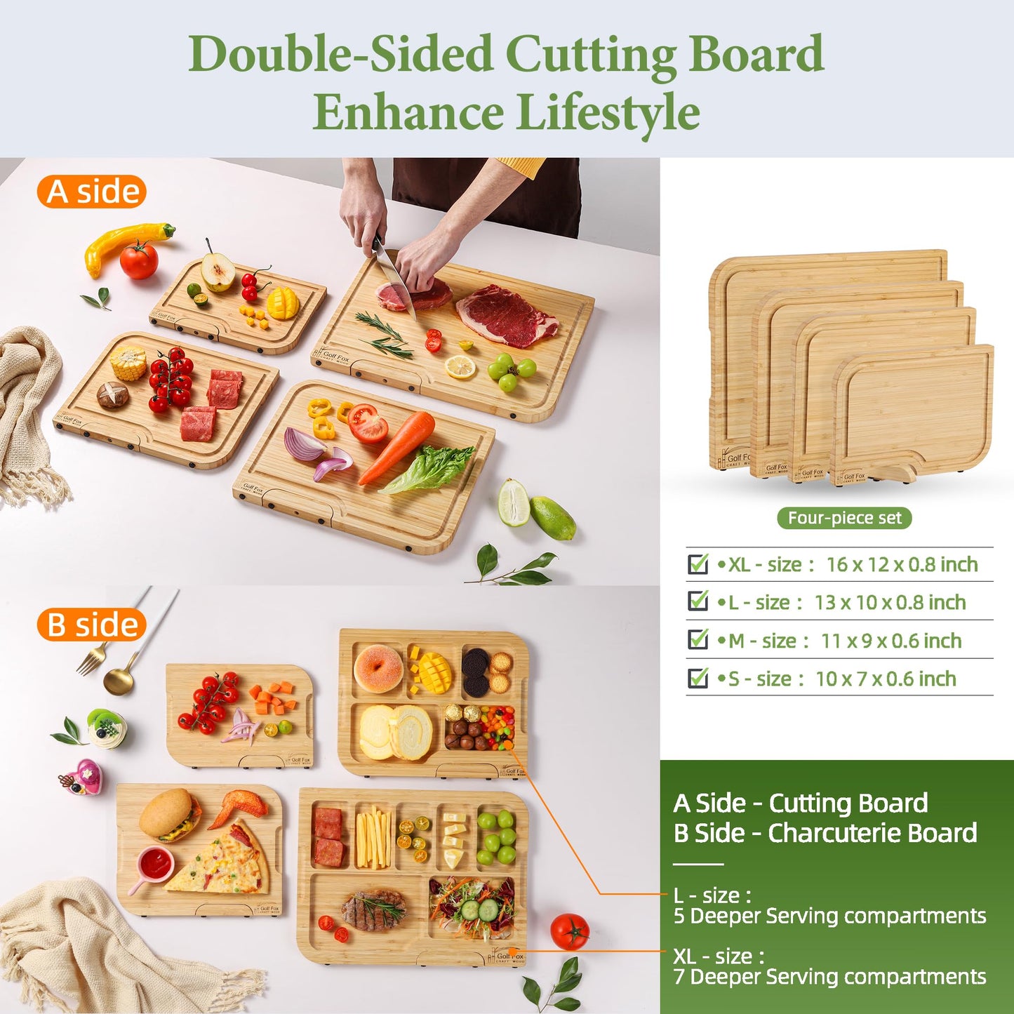 Bamboo Cutting Board Set with Stand & Juice Groove