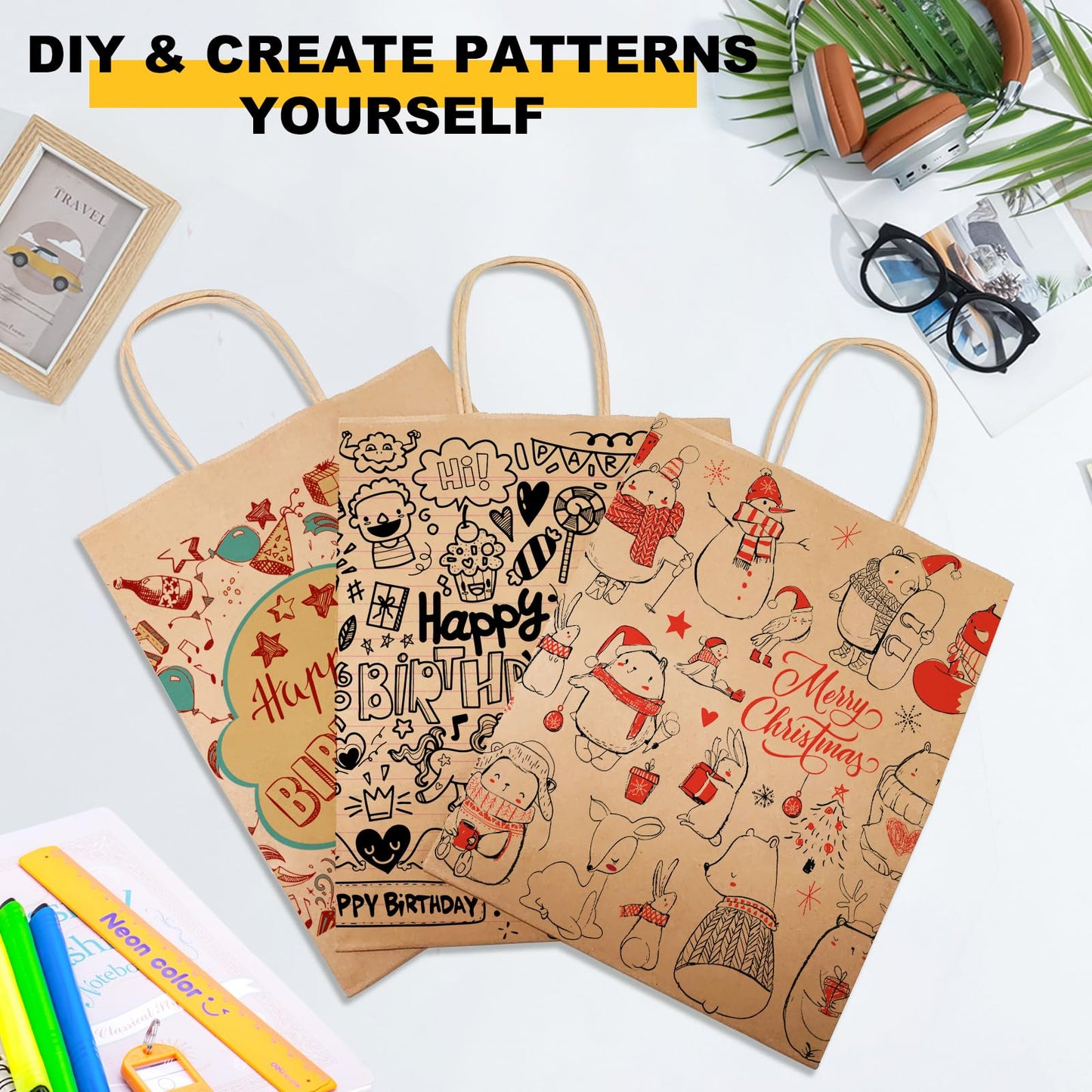 Brown Kraft Paper Gift Bags with Handles - 100 Pcs