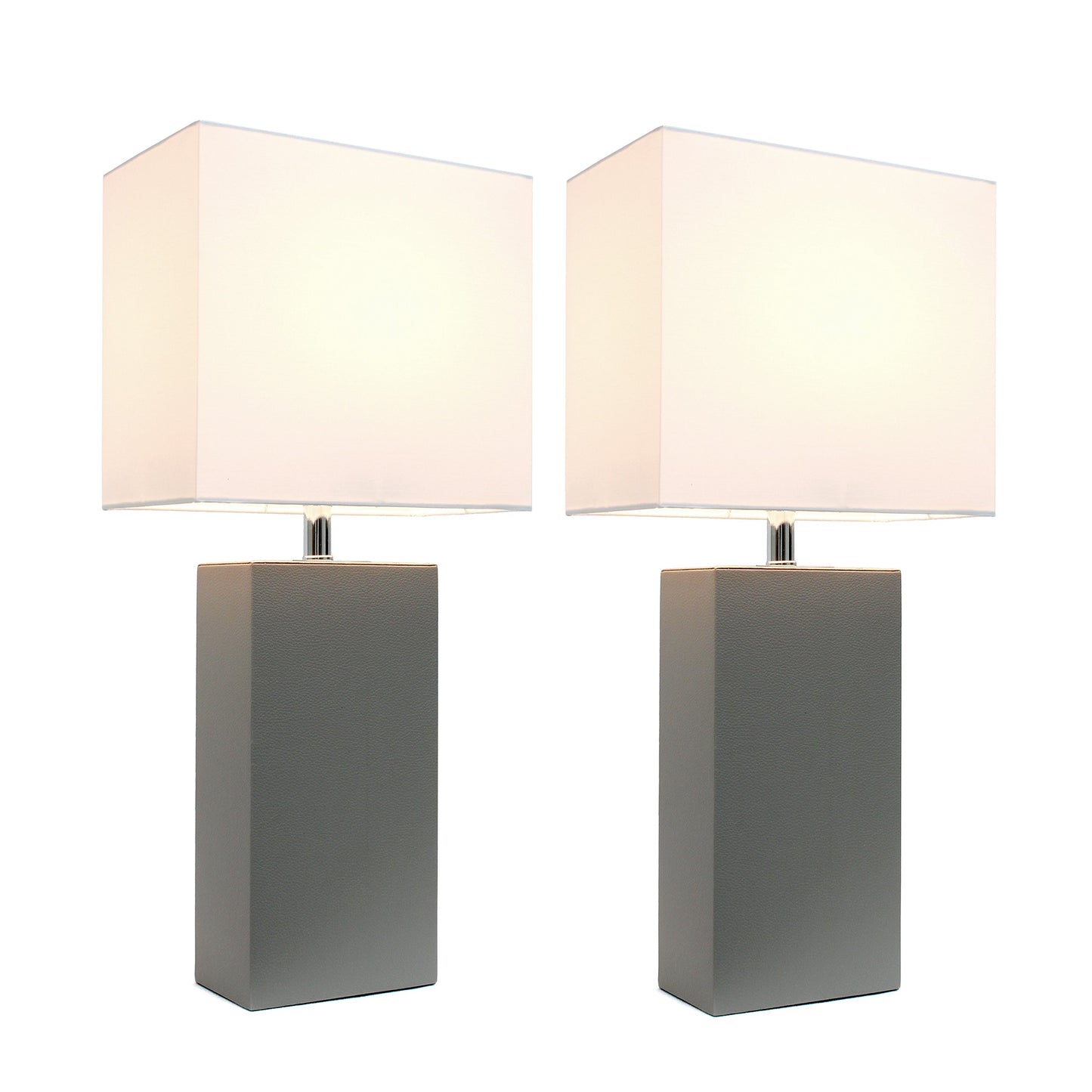 Elegant Designs LC2000-GRY-2PK 2 Pack Modern Leather Table Lamps with White Fabric Shades, Gray