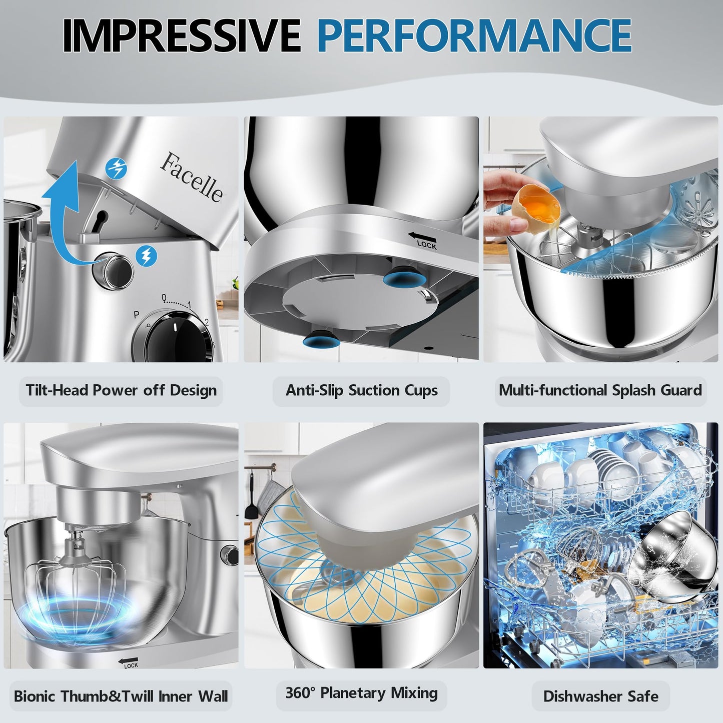 10-Speed 6QT Facelle Stand Mixer with Attachments