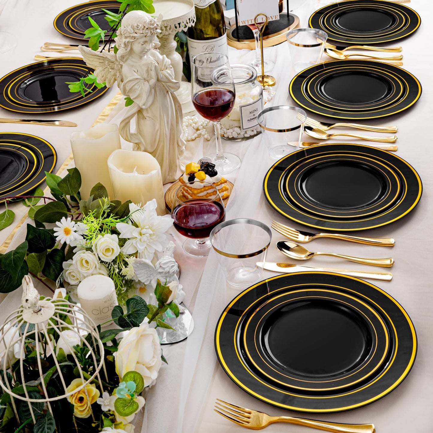 600PCS Black & Gold Disposable Dinnerware Set