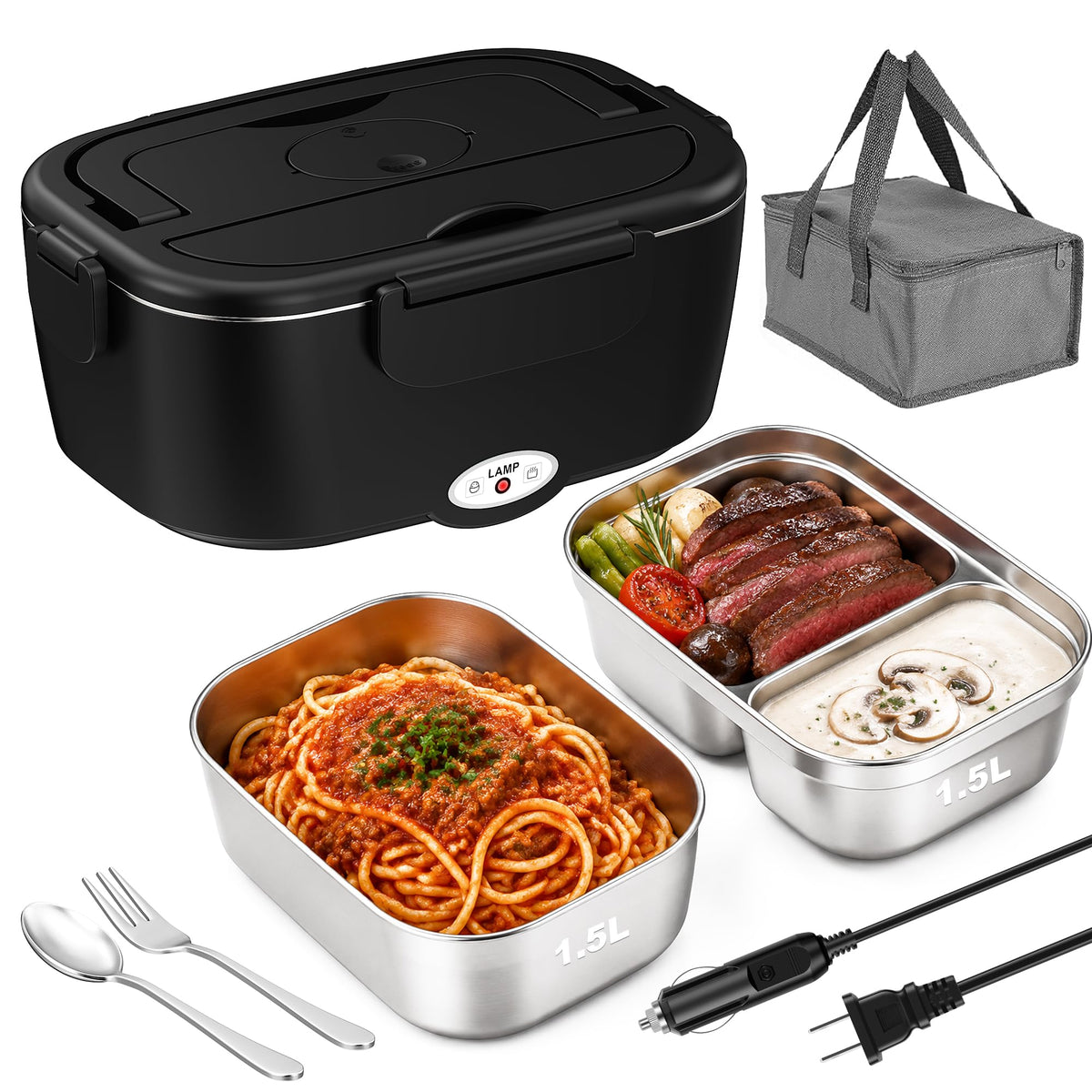 80W Electric Heated Lunch Box with Stainless Steel Containers