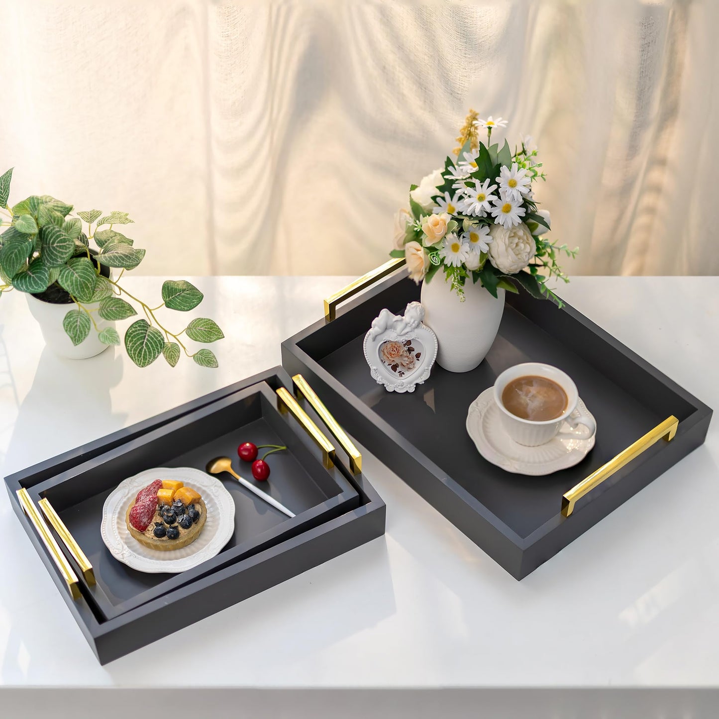 Hanobe Grey Decorative Trays for Coffee Table MDF Large Ottoman Tray for Living Room Bathroom Coffee Bar Decor Modern Tray with Gold Handles (Gray, 3)