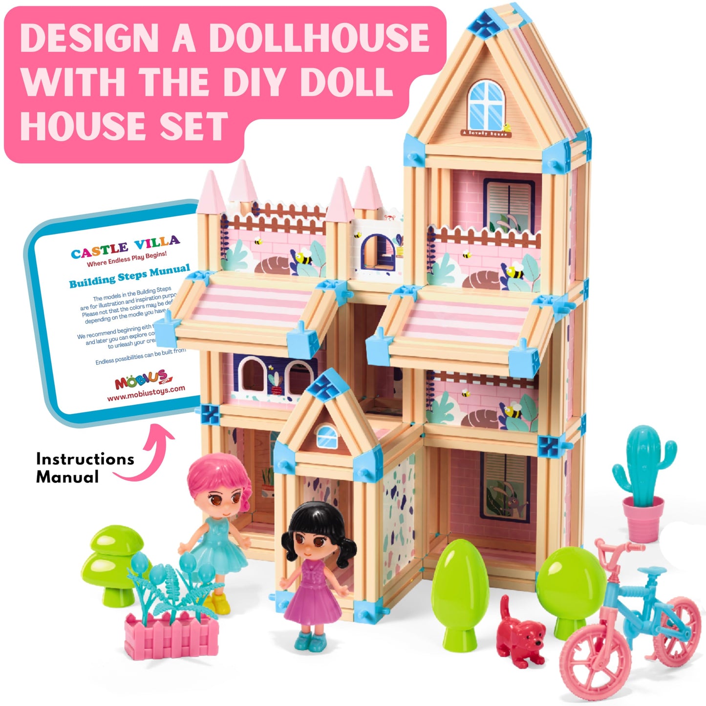 342-Piece 3D Princess Castle Villa Doll House Building Toy Set - STEM Montessori DIY Building Blocks Toys - Dollhouse for Girls Age 5 6 7 8 Year Old, LED Lights, ABS Plastic, Creative Kids Gift