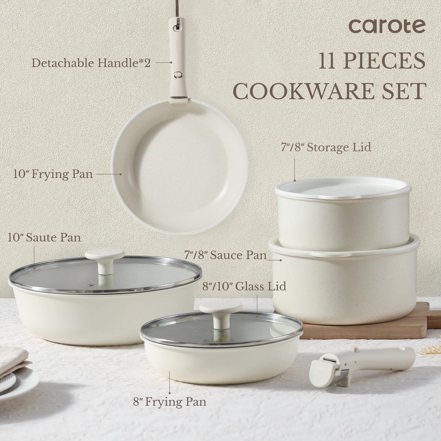 CAROTE 11pcs Nonstick Cookware Set with Detachable Handles