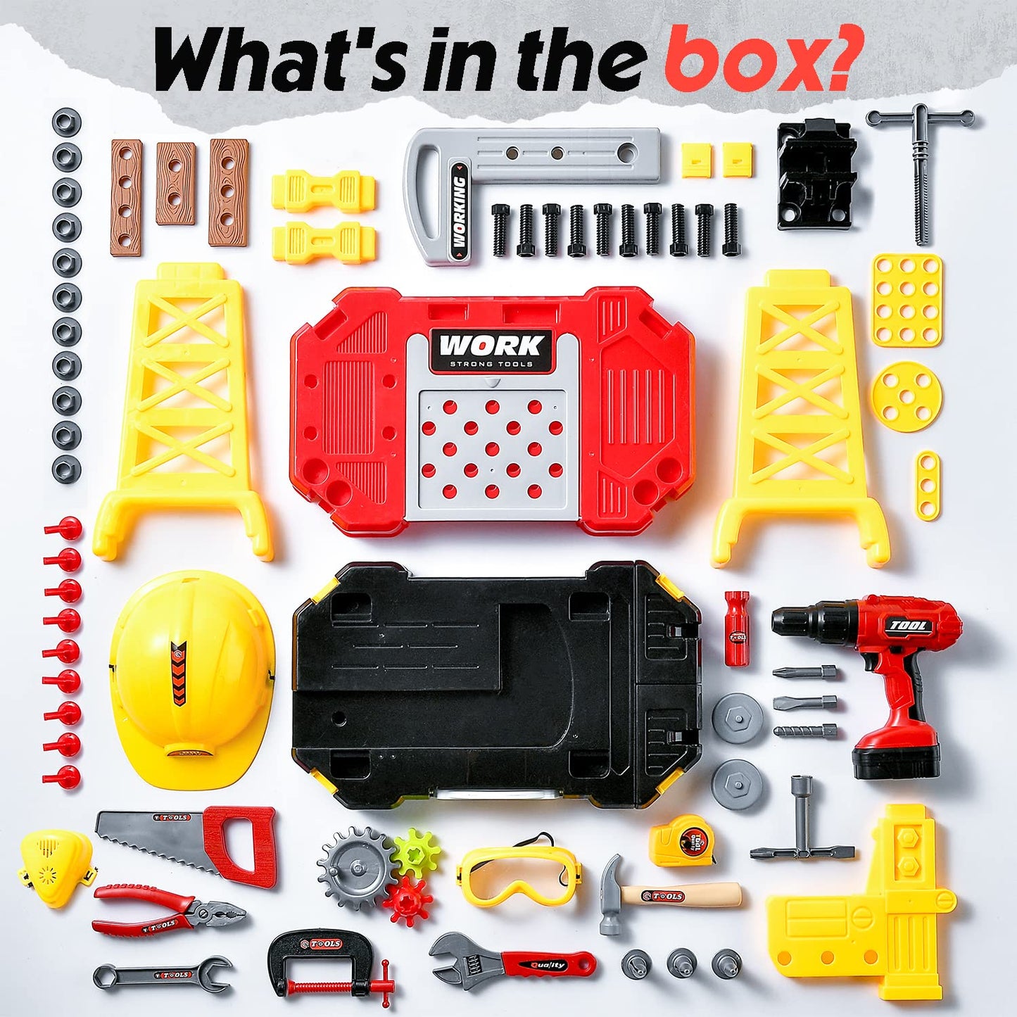 Toy Choi's Kids Tool Set, 83 Pieces Construction Kids Tool Bench Playset, Toddler Tool Bench with Play Helmet, Realistic Electric Drill, STEM Educational Toy for Boys & Girls Aged 3-8