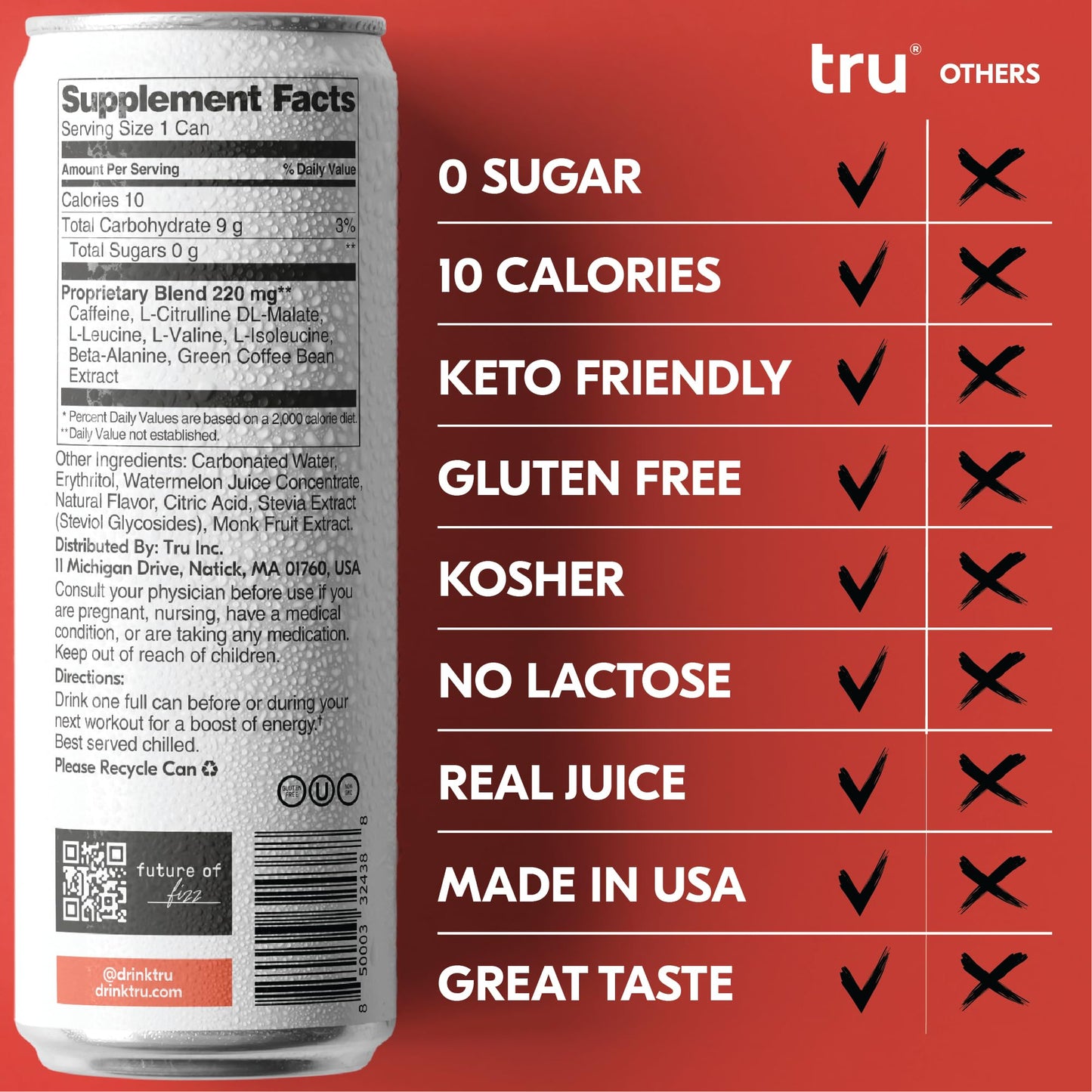 Tru Power Seltzer, BCAA Pre Workout Drinks with Green Coffee, Watermelon Fruit Juice Flavored Sparkling Water, 100 mg Natural Caffeine, Kosher, Gluten Free, Vegan, Low Calories, No Sugar Added Beverages, 12oz (Pack of 12)