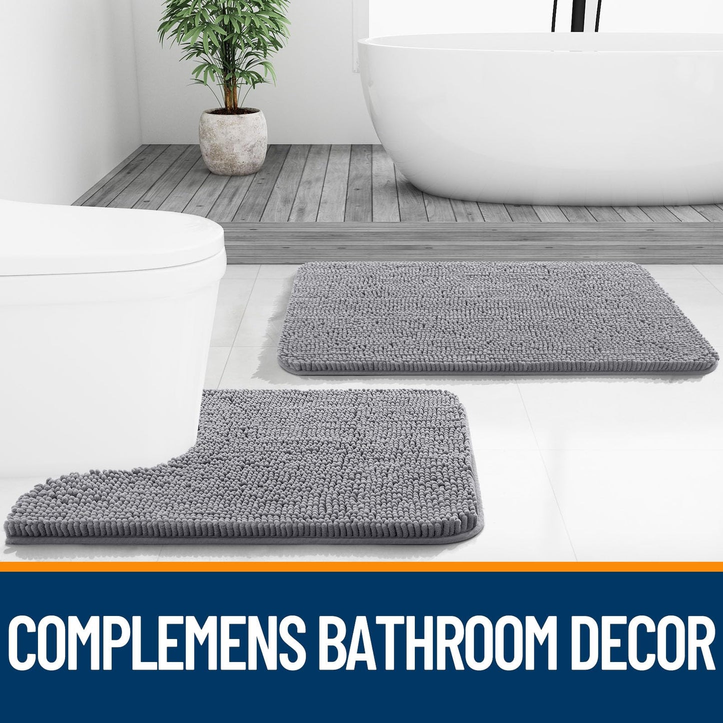 OLANLY Bathroom Rugs 30x20, Extra Soft Absorbent Chenille Bath Rugs, Non-Slip, Dry Quickly, Machine Washable, Bath Mats for Bathroom Floor, Tub and Shower, Grey