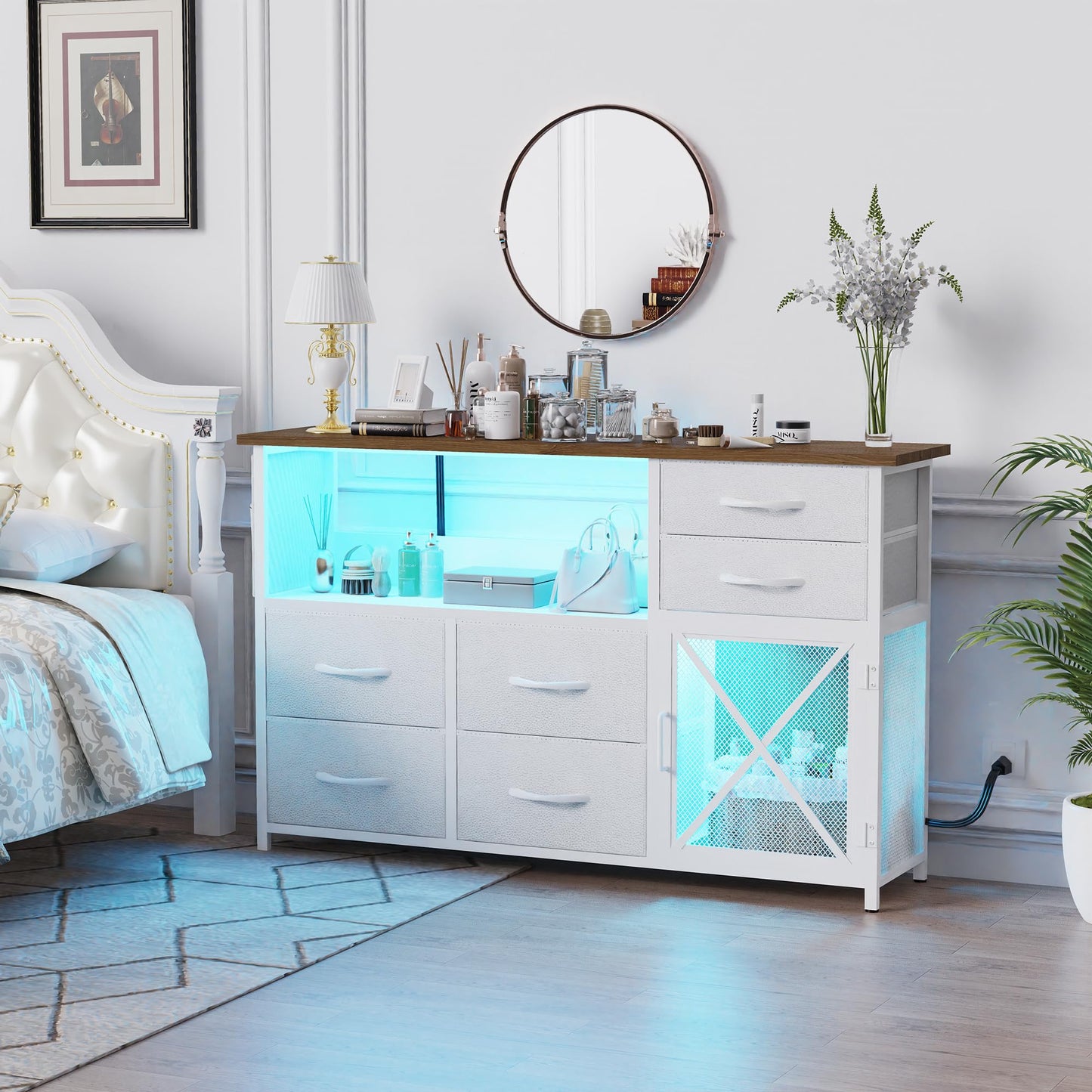 Dresser with LED Lights and Charging Station