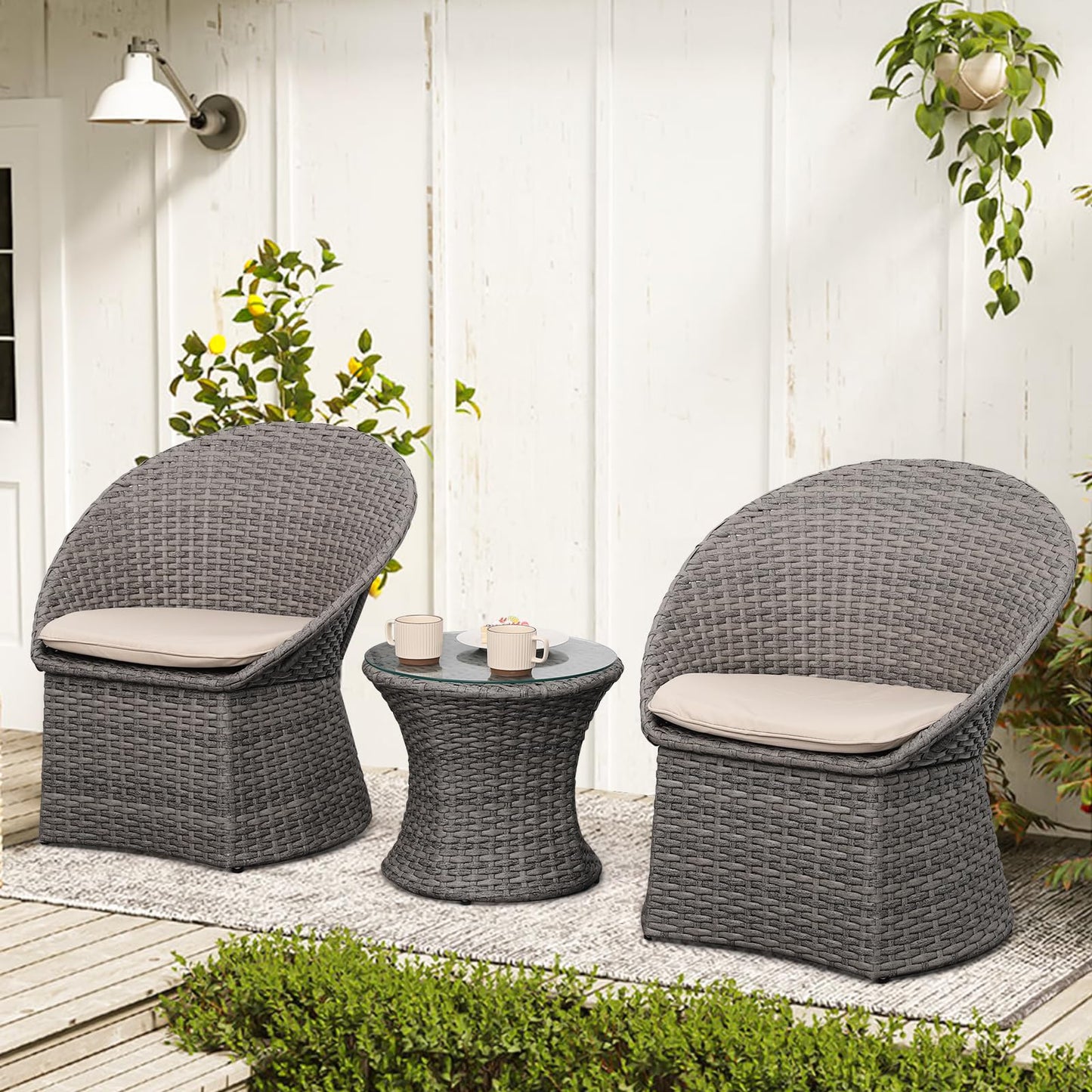 Lviden 3 Pieces Patio Furniture Set, Outdoor Wicker Bistro Set, Grey Rattan Conversation Chairs Set for Porch, with Khaki Cushions and Glass Top Table