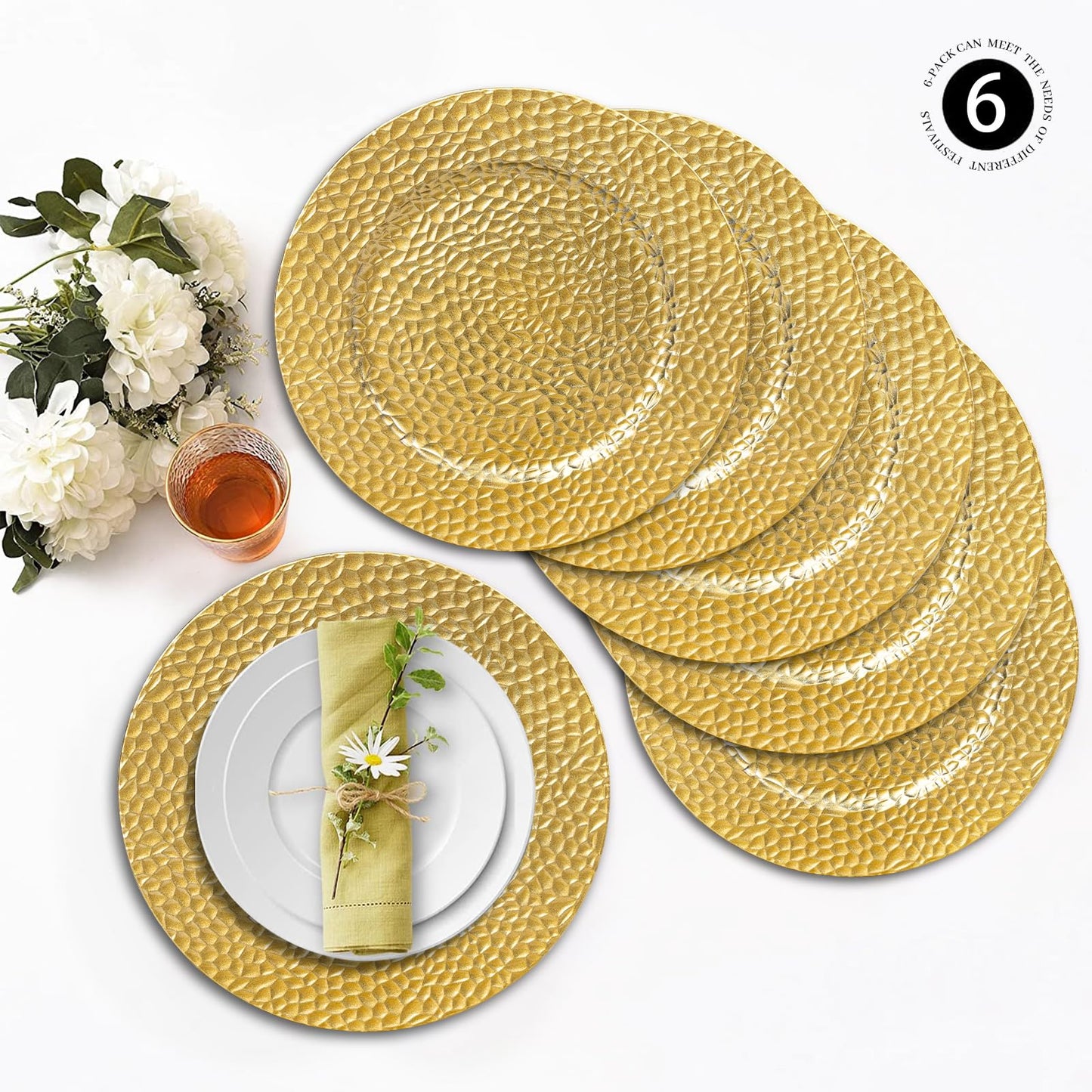 MAONAME Gold Charger Plates, Set of 6, 13" Round Charger Plates, Decorative Chargers for Dinner Plates, Plastic Plate Chargers for Dinner Plates