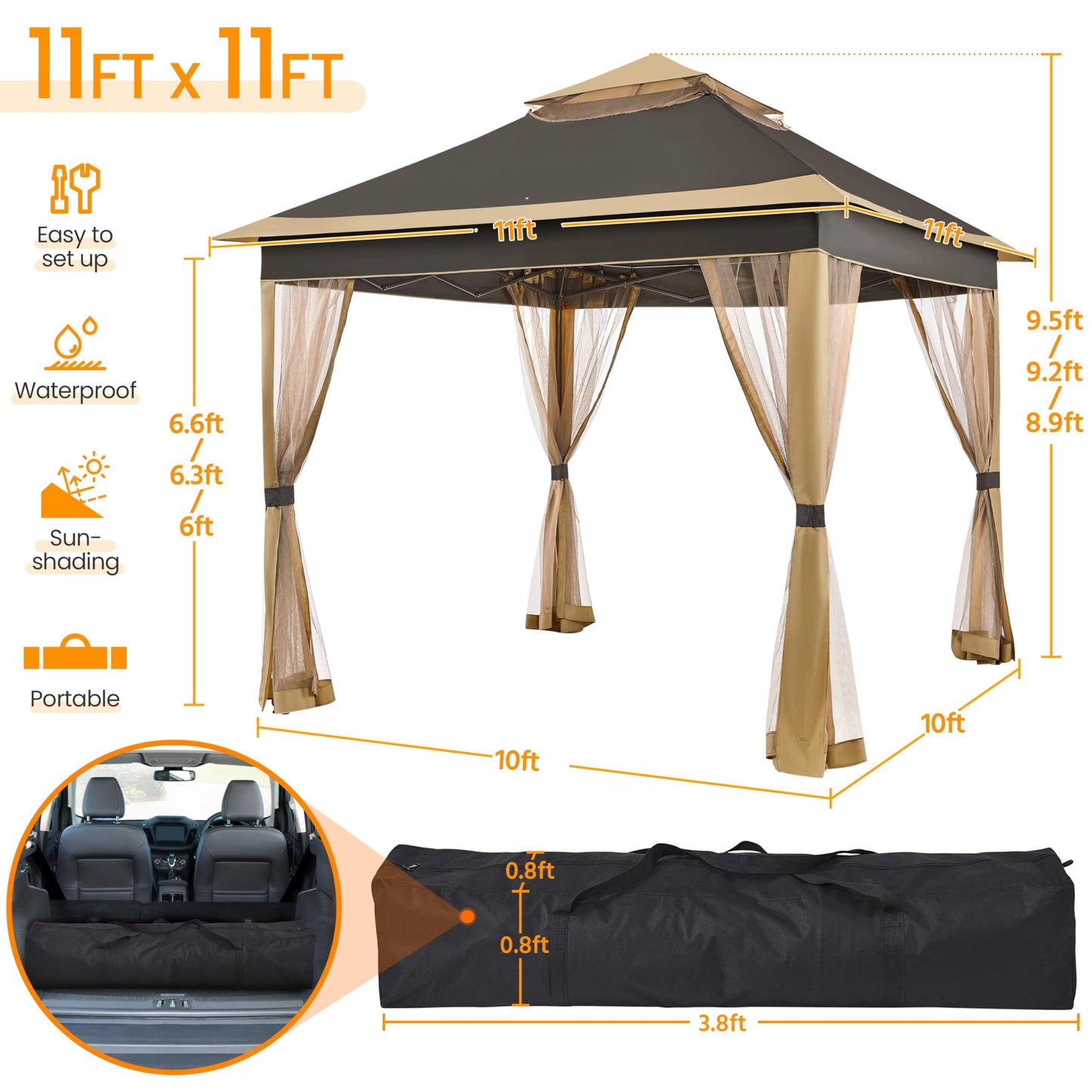 11x11 Pop Up Gazebo with Mesh Netting