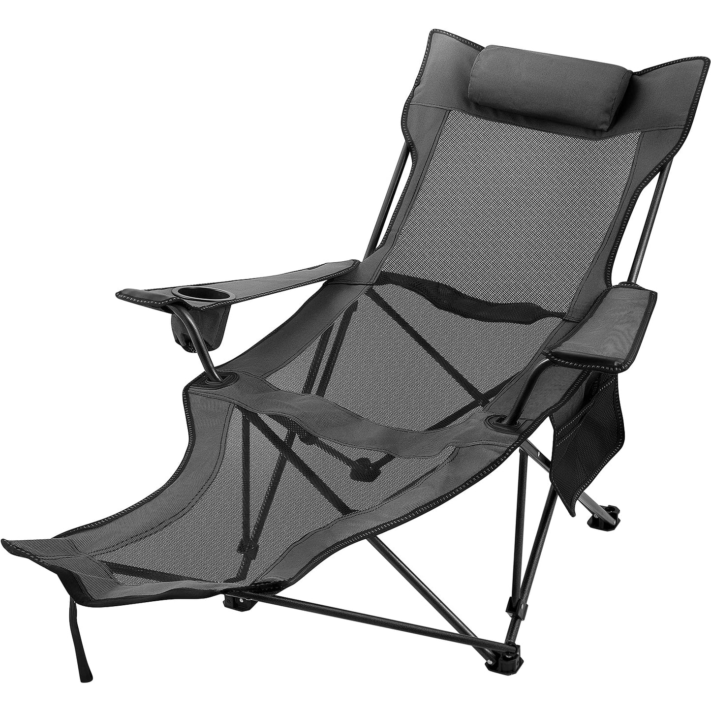 Happybuy Folding Camp Chair with Footrest Mesh, Portable Lounge Chair with Cup Holder and Storage Bag, for Camping Fishing and Other Outdoor Activities (Grey)