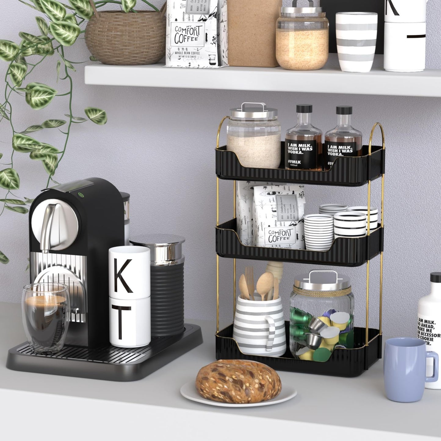JNFUZ 3 Tier Kitchen Countertop Organizer, Counter Shelf Spice Rack Kitchen Shelves Storage Seasoning Coffee Station Organization for Cabinet Fruit Basket Bathroom Countertop Rack (Black, 3 Tier)