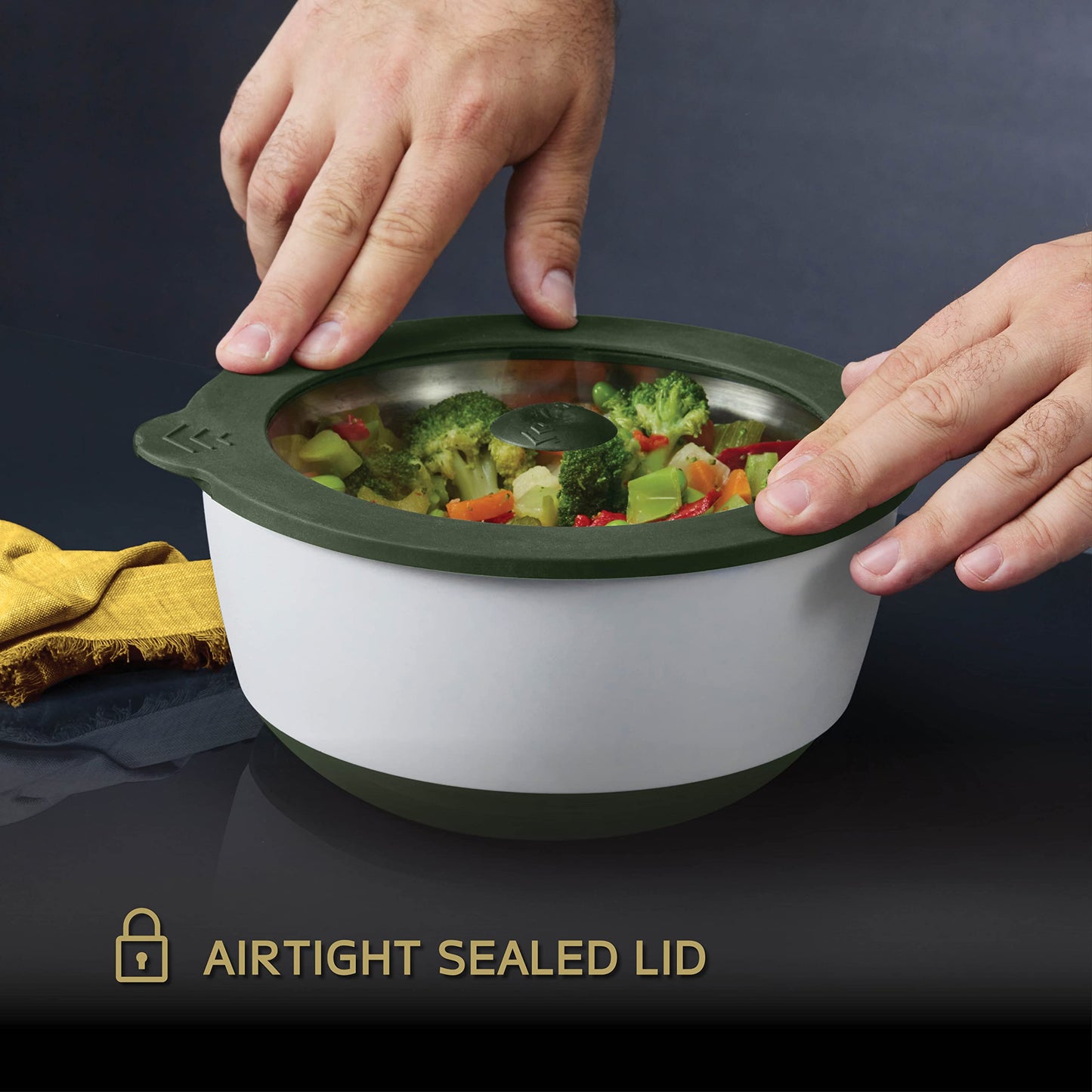 Earthmade Evolution Microwave Stainless Steel Mixing Bowl with Lid Set, 1.5qt. 2qt. 4.5qt. Tempered Glass Lids- Glass Mixing Bowl Alternative, Eco Friendly,