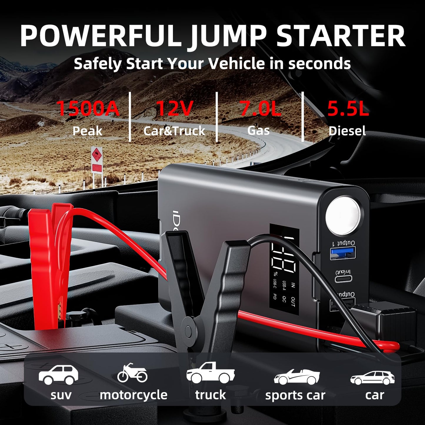 IDEAPLAY 1500A Portable Car Battery Jump Starter