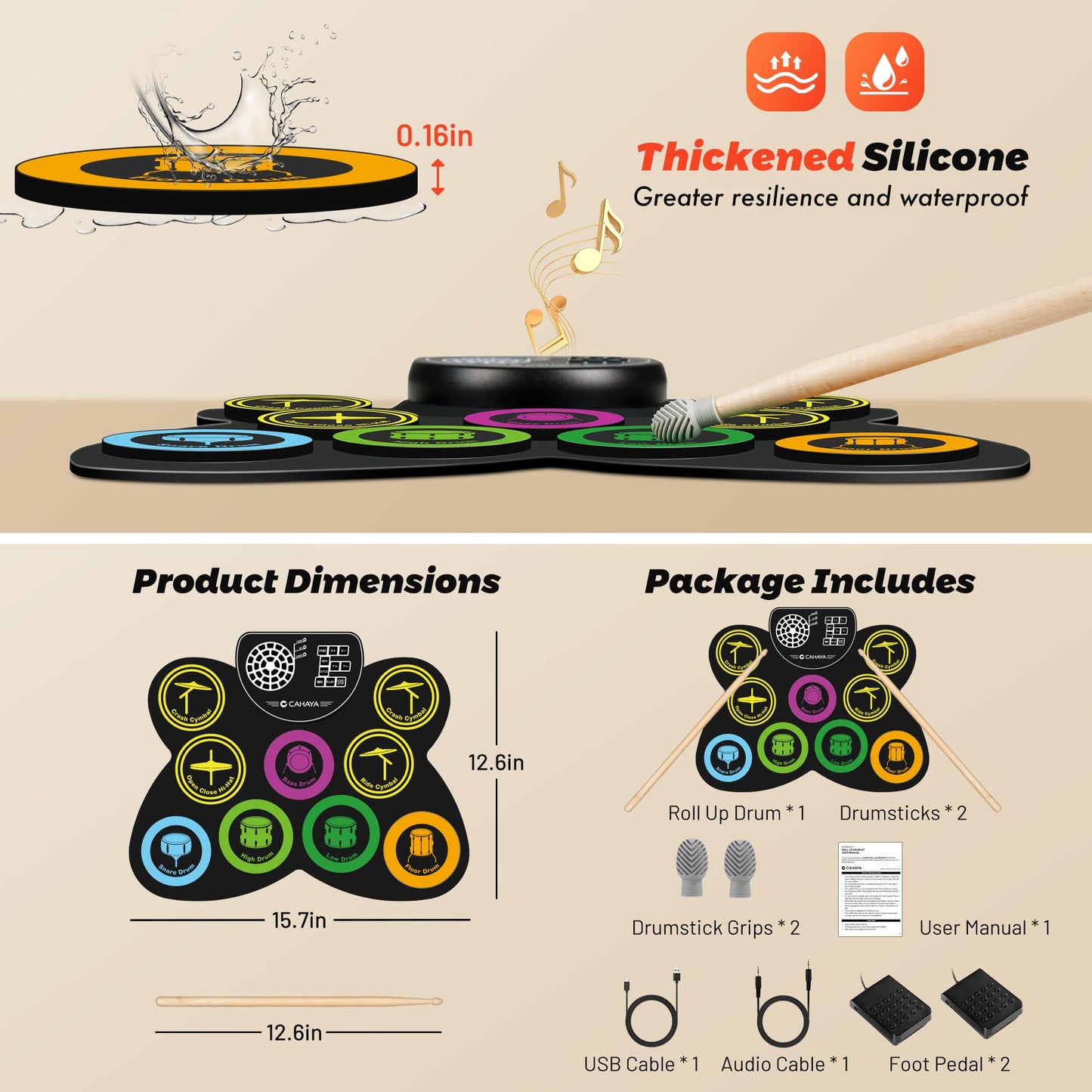 CAHAYA Electronic Drum Pad Set: Roll-up 9-Pads Portable Electric Practice Drum Pads With Built-in Speaker Drum Sticks Foot Pedals Gifts for Kids CY00370-1