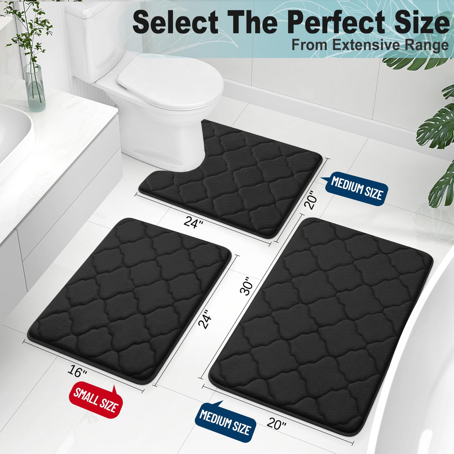 OLANLY Memory Foam Bath Mat Rug 24x16, Ultra Soft Non Slip and Absorbent Bathroom Rug, Machine Wash Dry, Comfortable, Thick Bath Rug Carpet for Bathroom Floor, Tub and Shower, Black