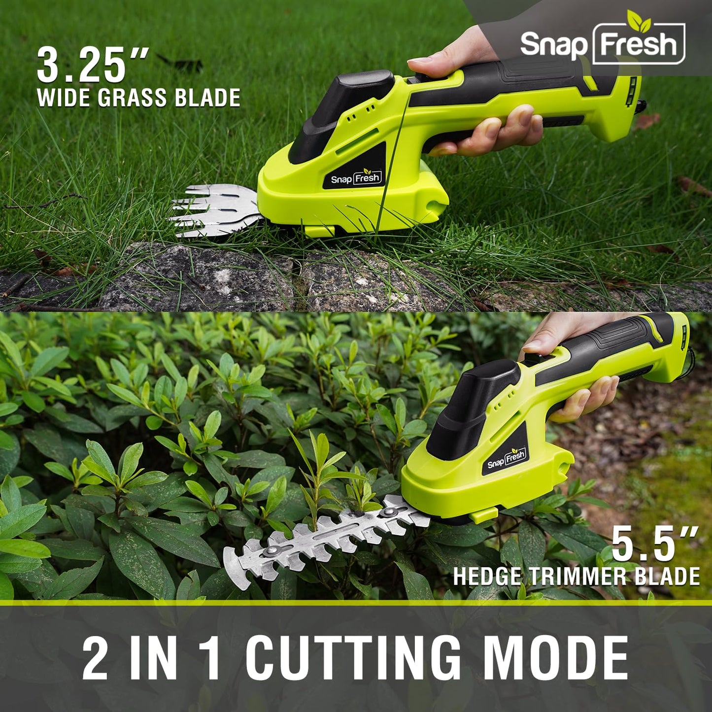 SnapFresh Cordless Grass Shear Bush Trimmer, 2 in 1 Handheld Hedge Trimmer, 7.2V Electric Grass Trimmer, Lightweight Shrubbery Trimmer Battery & Charger Included, Shrub Trimmer for Garden(Green)