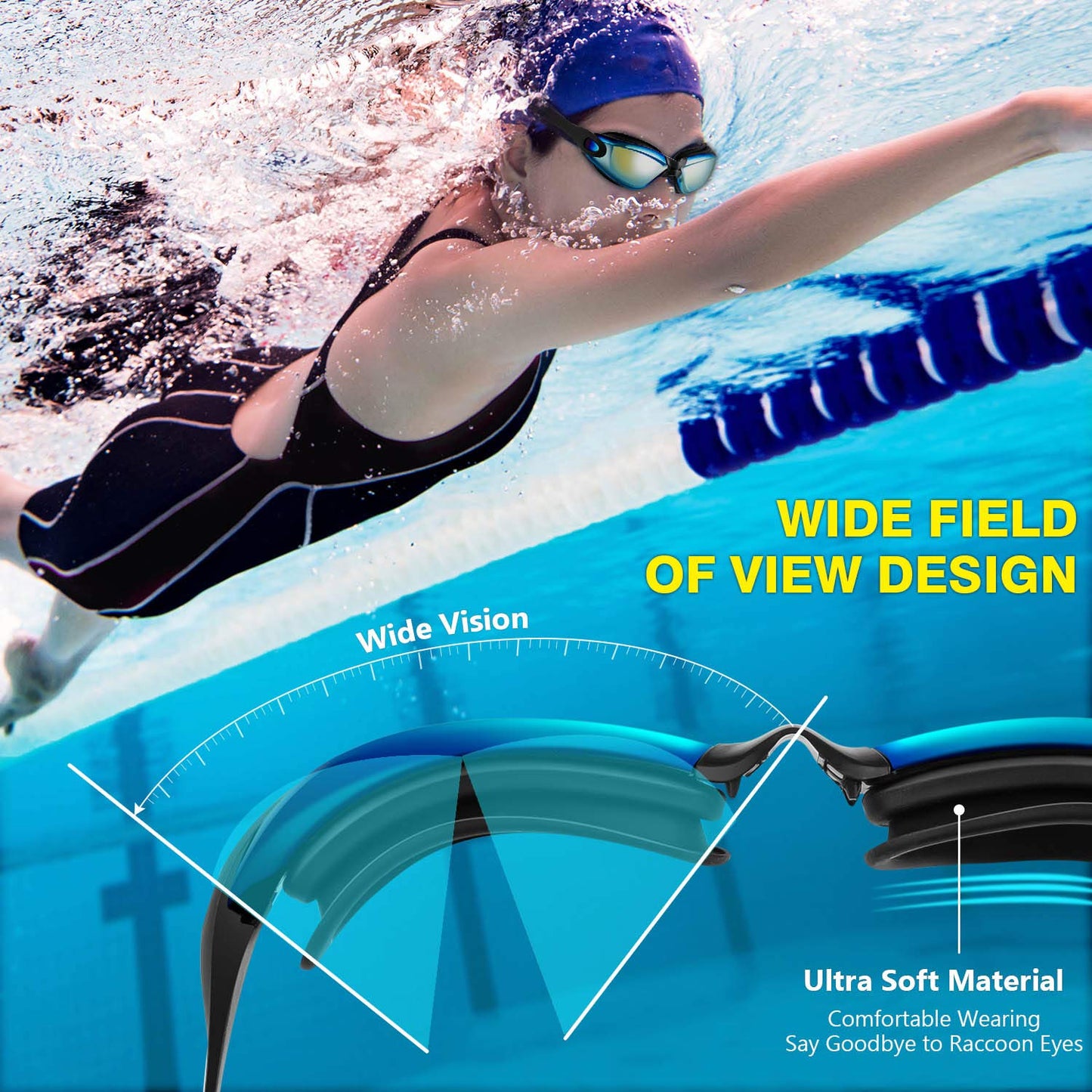 Wide View Anti-Fog Swim Goggles for Adults
