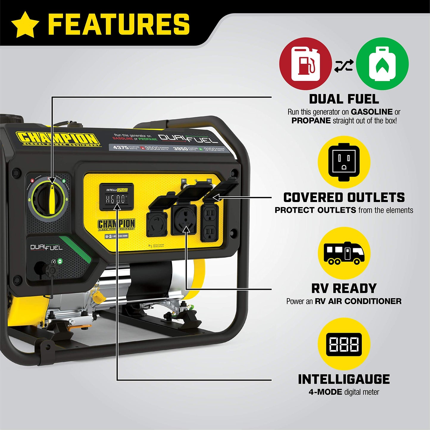 Champion Power Equipment 4375-Watt Dual Fuel Portable Generator, RV Ready
