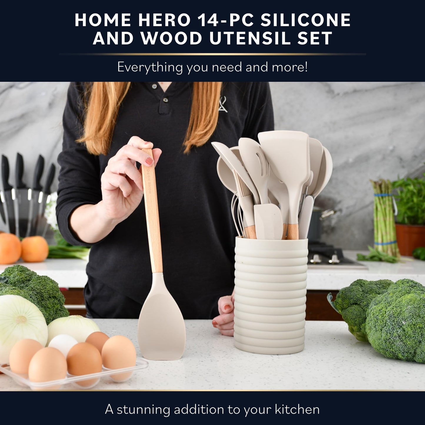 Silicone Kitchen Utensils Set - Silicone Cooking Utensils Set - Silicone Utensils for Cooking - Silicone Spatula Set - Wooden Kitchen Utensil Set - Kitchen Gadgets Utensil Sets (14 Pcs - Stone)