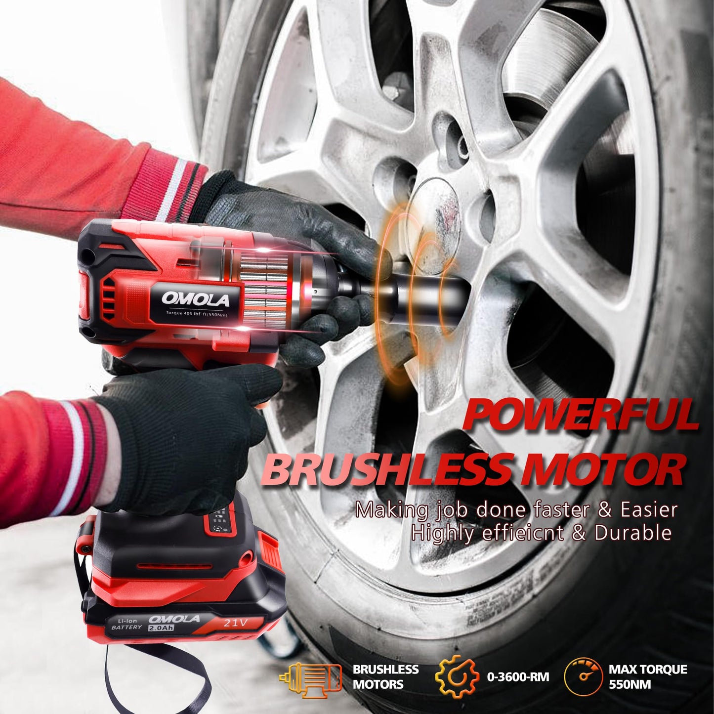 OMOLA Cordless Impact Wrench,1/2 impact gun,405 Ft-lb(550NM) High Torque 3200 RPM,with a 21V 2.0Ah Li-Ion Battery, Fast Charger,Brushless motor,4 Sockets
