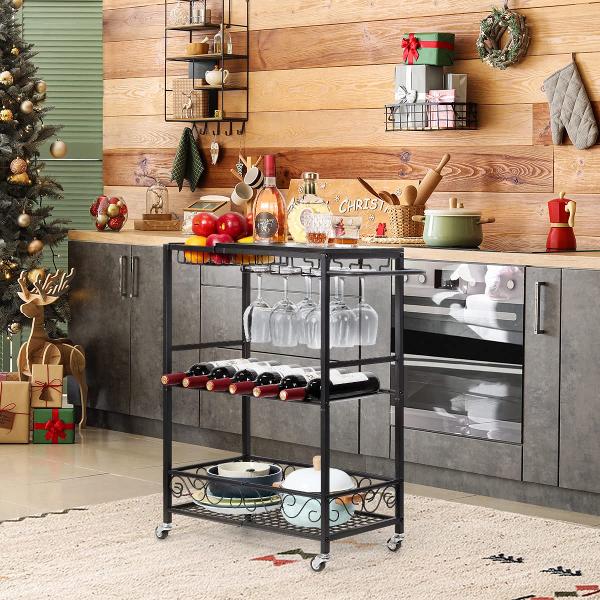 melos Bar Cart, Home Bar Serving Cart, Rolling Wine Cart with 3-Tier Shelf, Beverage Bar Cart with Wine Rack, Bar Cart with Wheels for Kitchen, Black