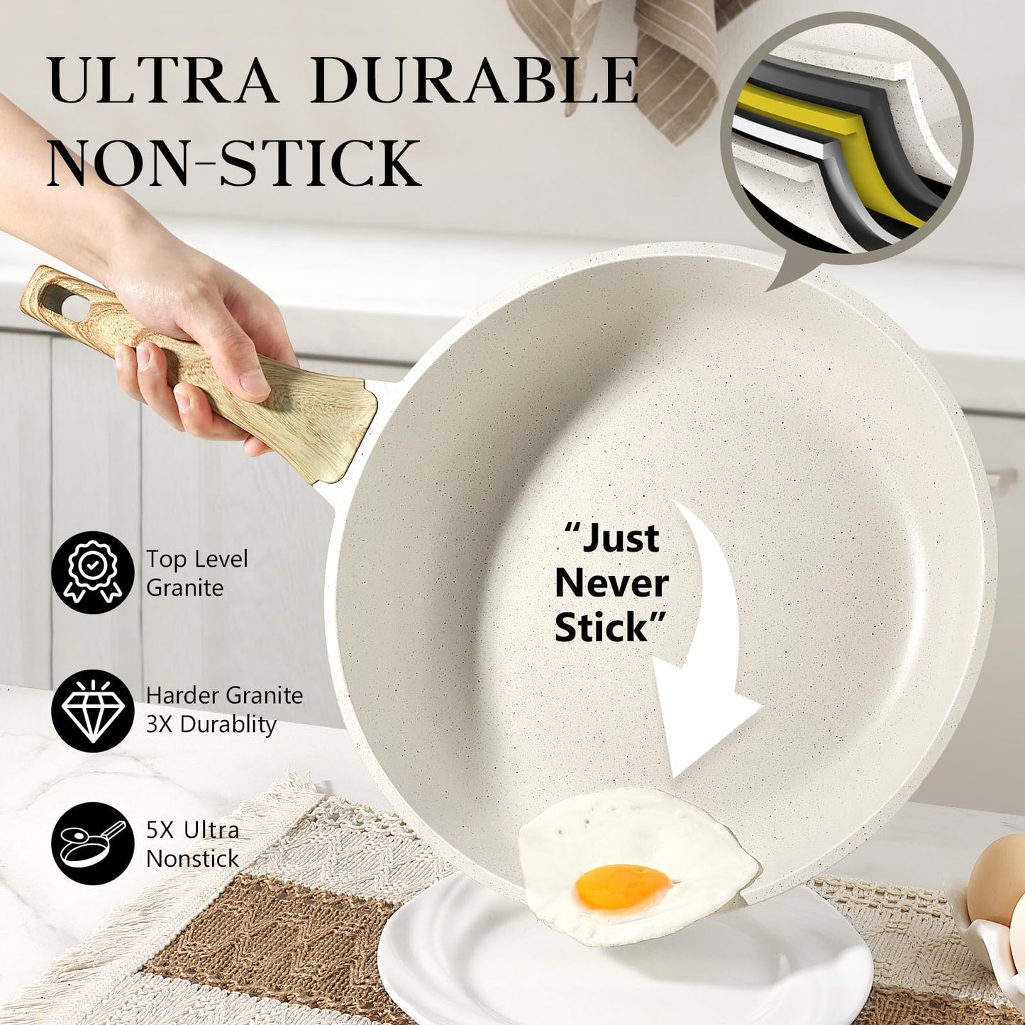 9.5" Nonstick Frying Pan - White Granite Skillet
