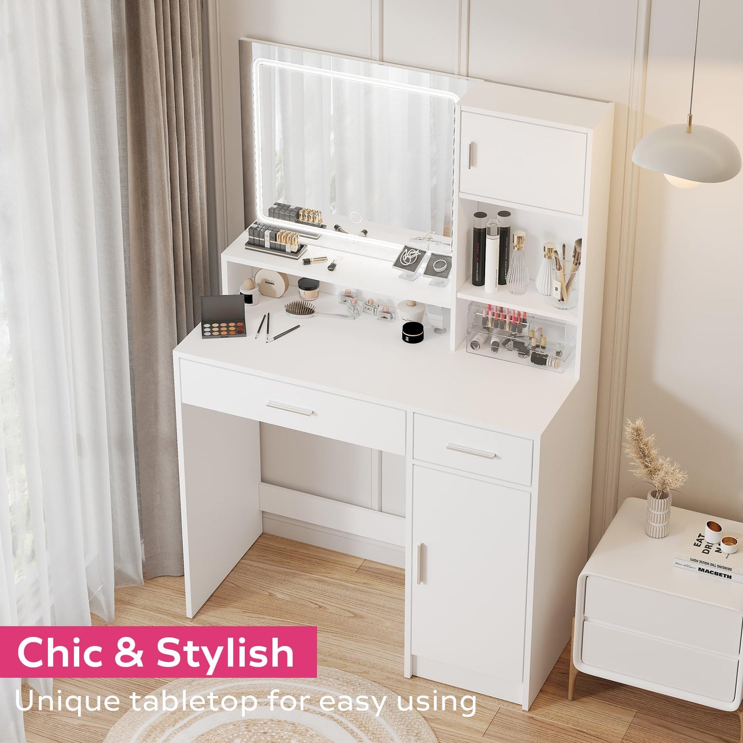 MIRROTOWEL Vanity Desk with Mirror and LED Light