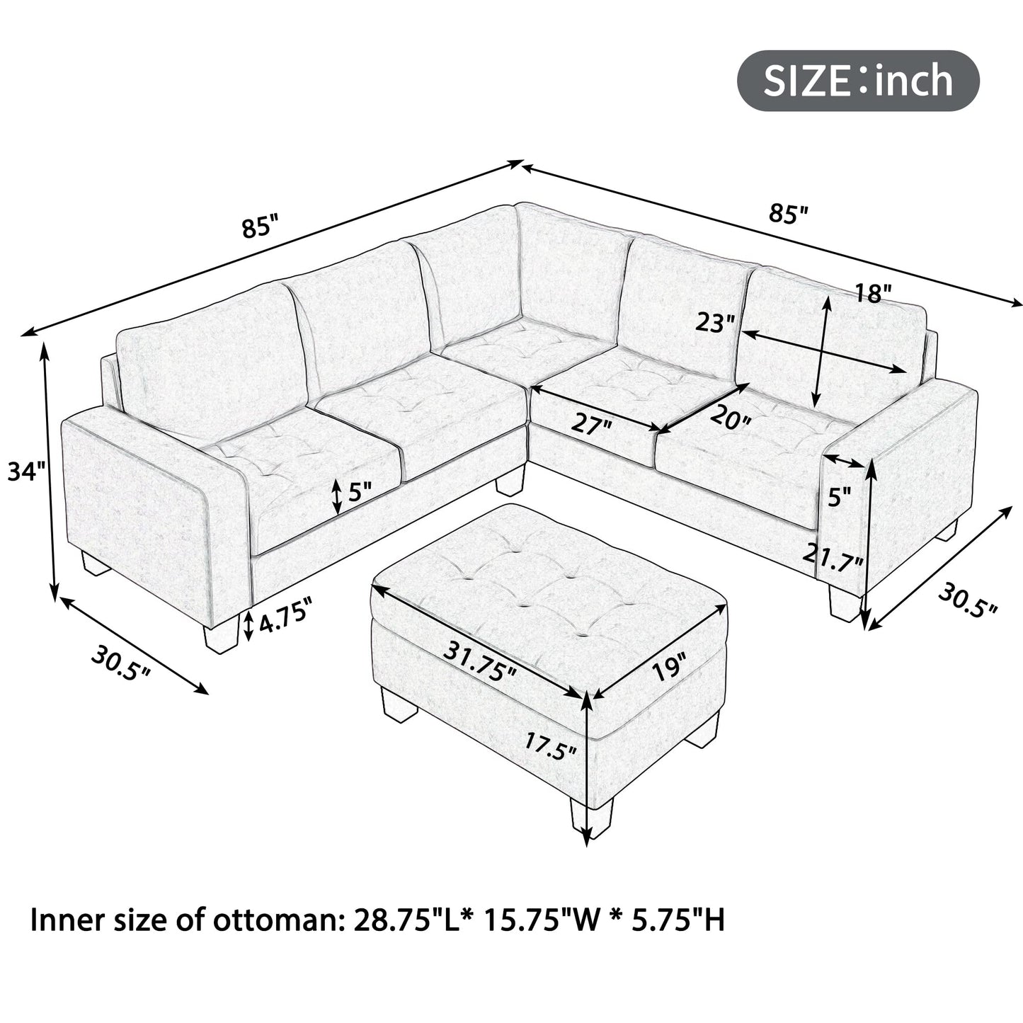 Merax L-Shape Sectional Sofa with Storage Ottoman