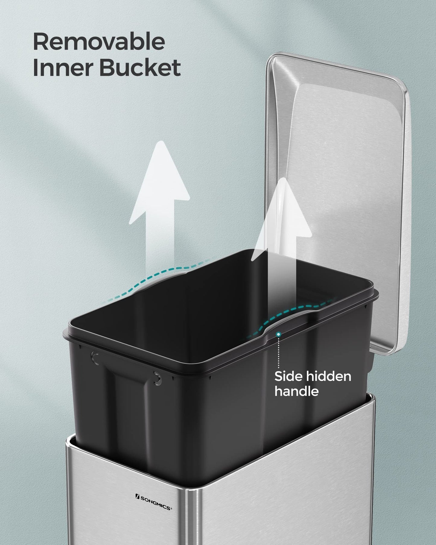 SONGMICS Slim Trash Can, 12.7 Gallon Garbage Can for Narrow Spaces with Soft-Close Lid, Inner Bucket, and Step-on Pedal, Stainless Steel, 15 Trash Bags Included, Silver ULTB510E48