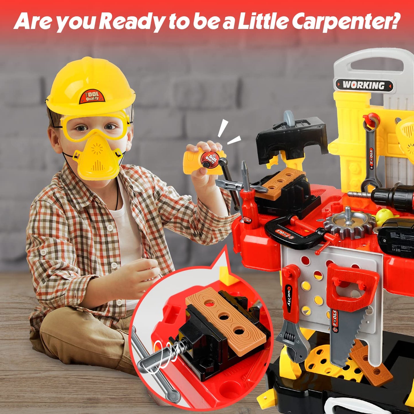 Toy Choi's Kids Tool Set, 83 Pieces Construction Kids Tool Bench Playset, Toddler Tool Bench with Play Helmet, Realistic Electric Drill, STEM Educational Toy for Boys & Girls Aged 3-8