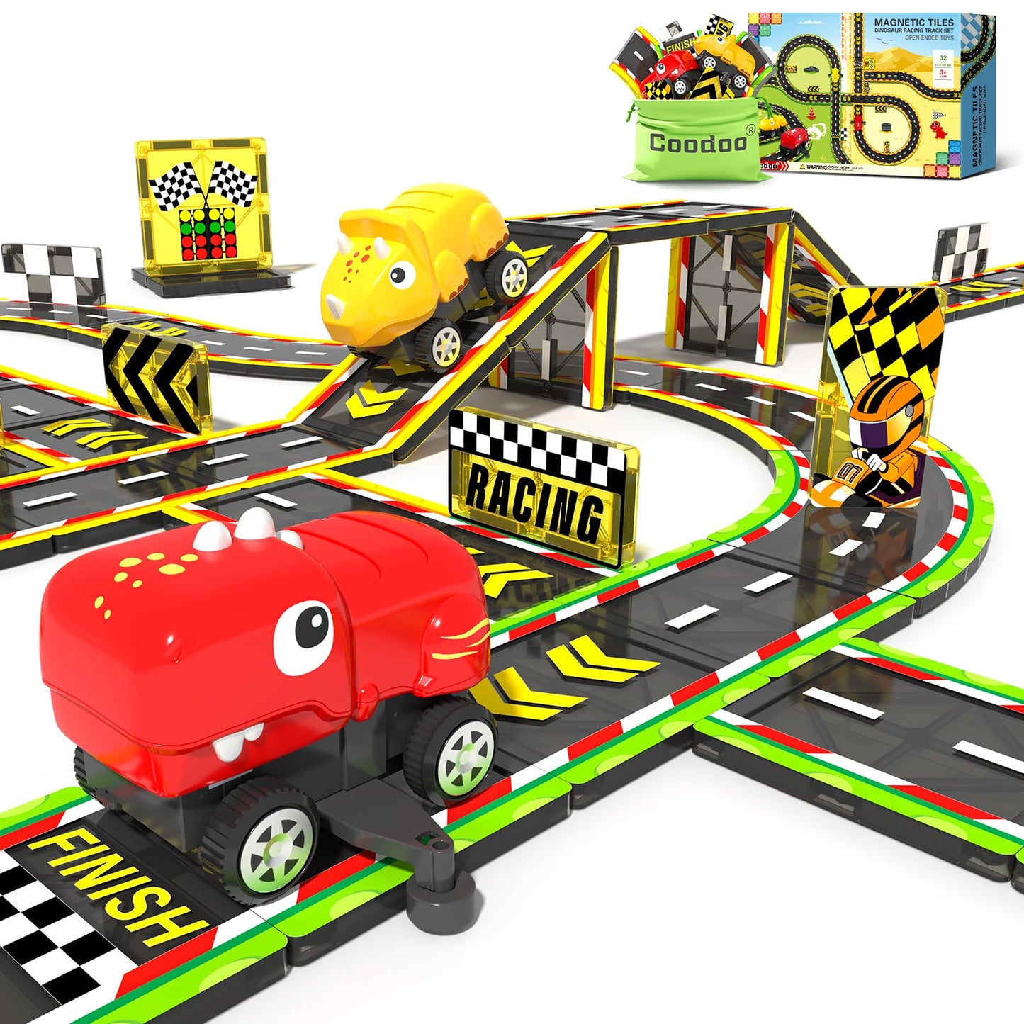 Dinosaur Magnetic Tiles with Race Track Cars