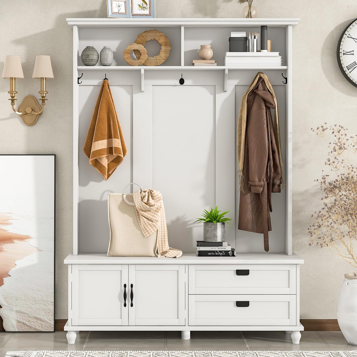 Modern Entryway Bench with Coat Hooks and Storage
